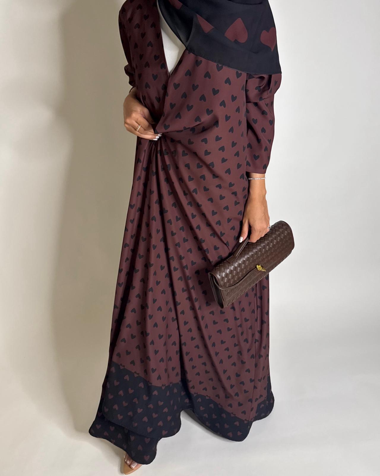 A606 -  Shades of Brown Heart A-CUT Wrap Summery Abaya & Matching Head Scarf