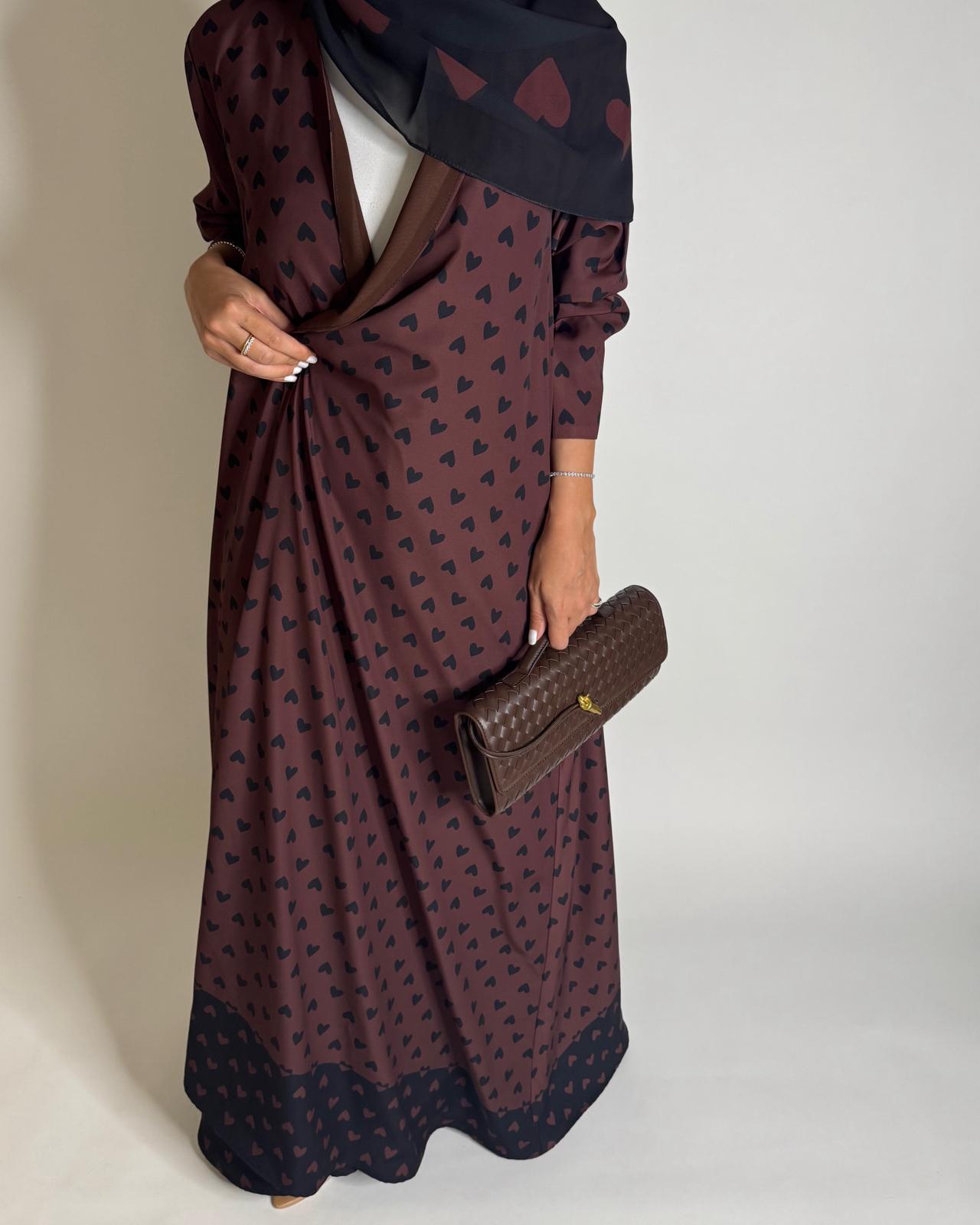 A606 -  Shades of Brown Heart A-CUT Wrap Summery Abaya & Matching Head Scarf