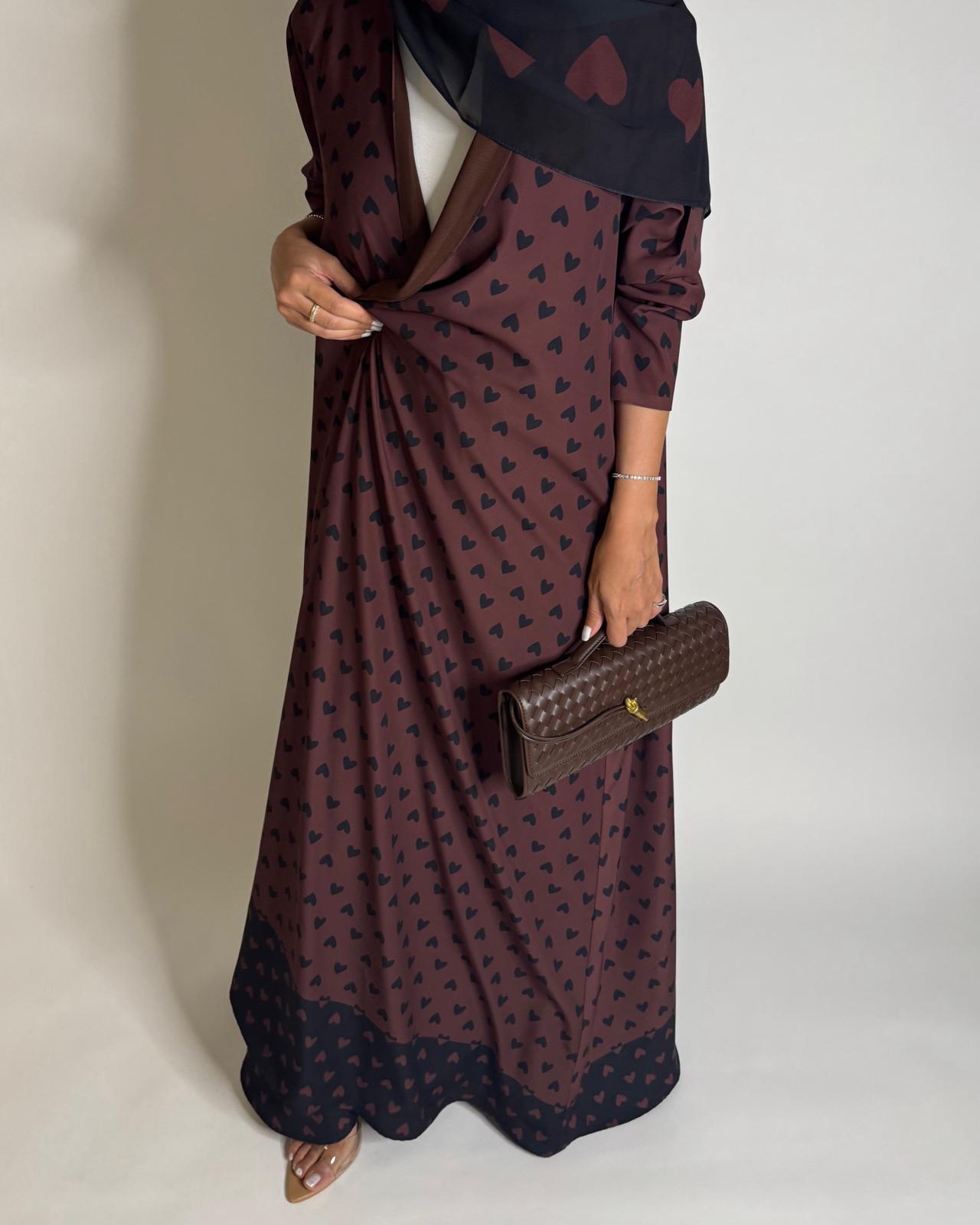 A606 -  Shades of Brown Heart A-CUT Wrap Summery Abaya & Matching Head Scarf