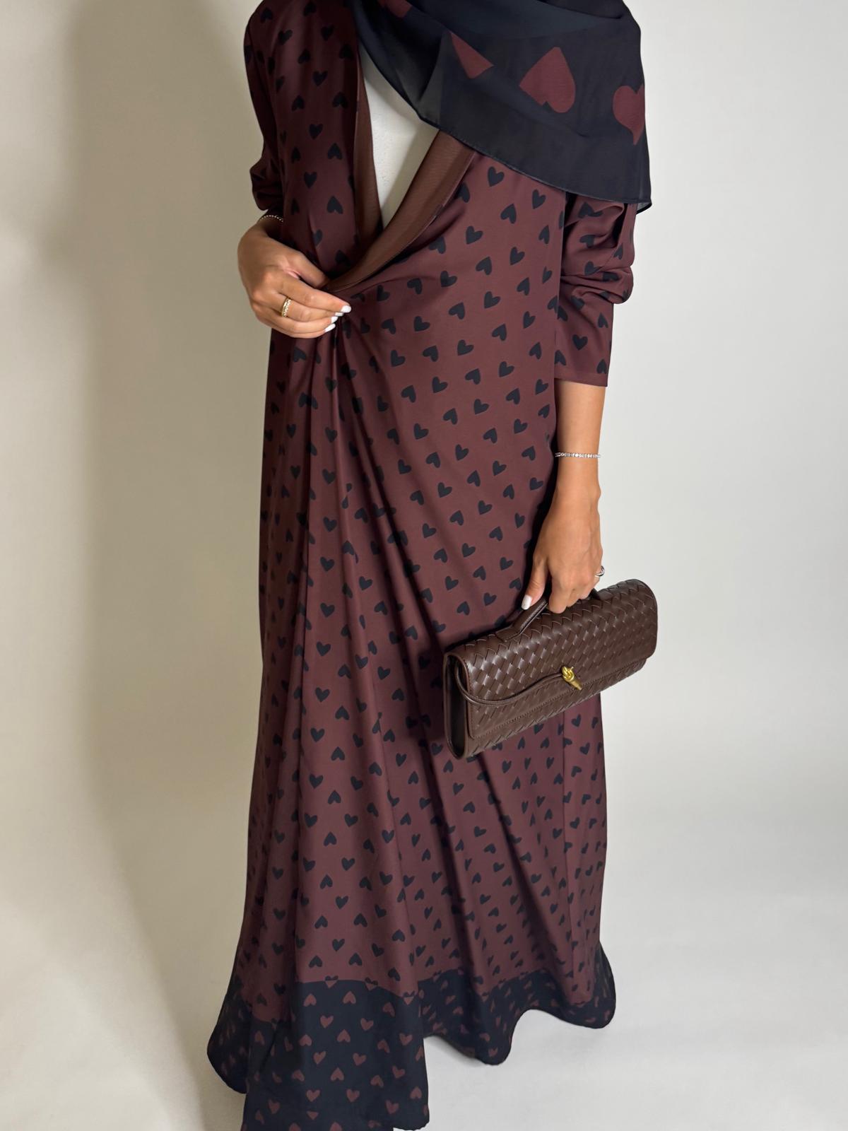 A606 -  Shades of Brown Heart A-CUT Wrap Summery Abaya & Matching Head Scarf
