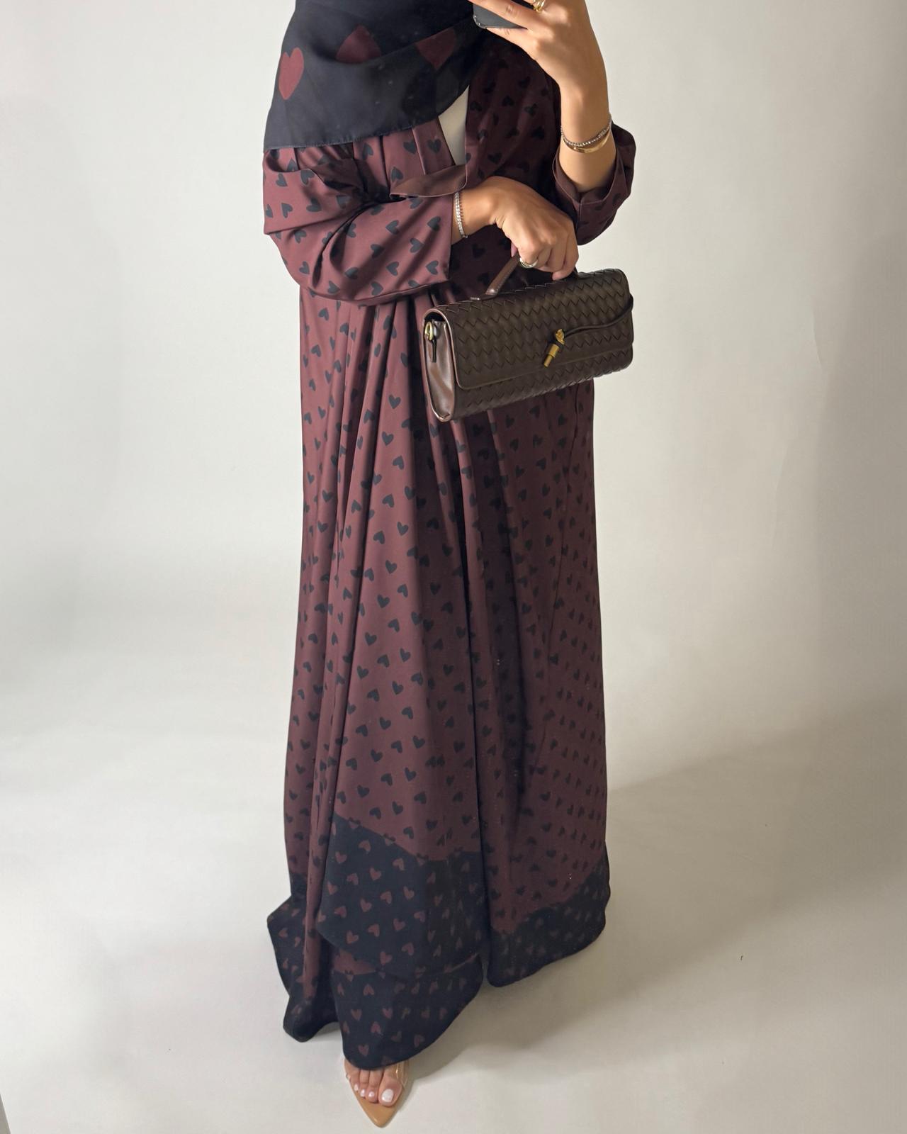 A606 -  Shades of Brown Heart A-CUT Wrap Summery Abaya & Matching Head Scarf