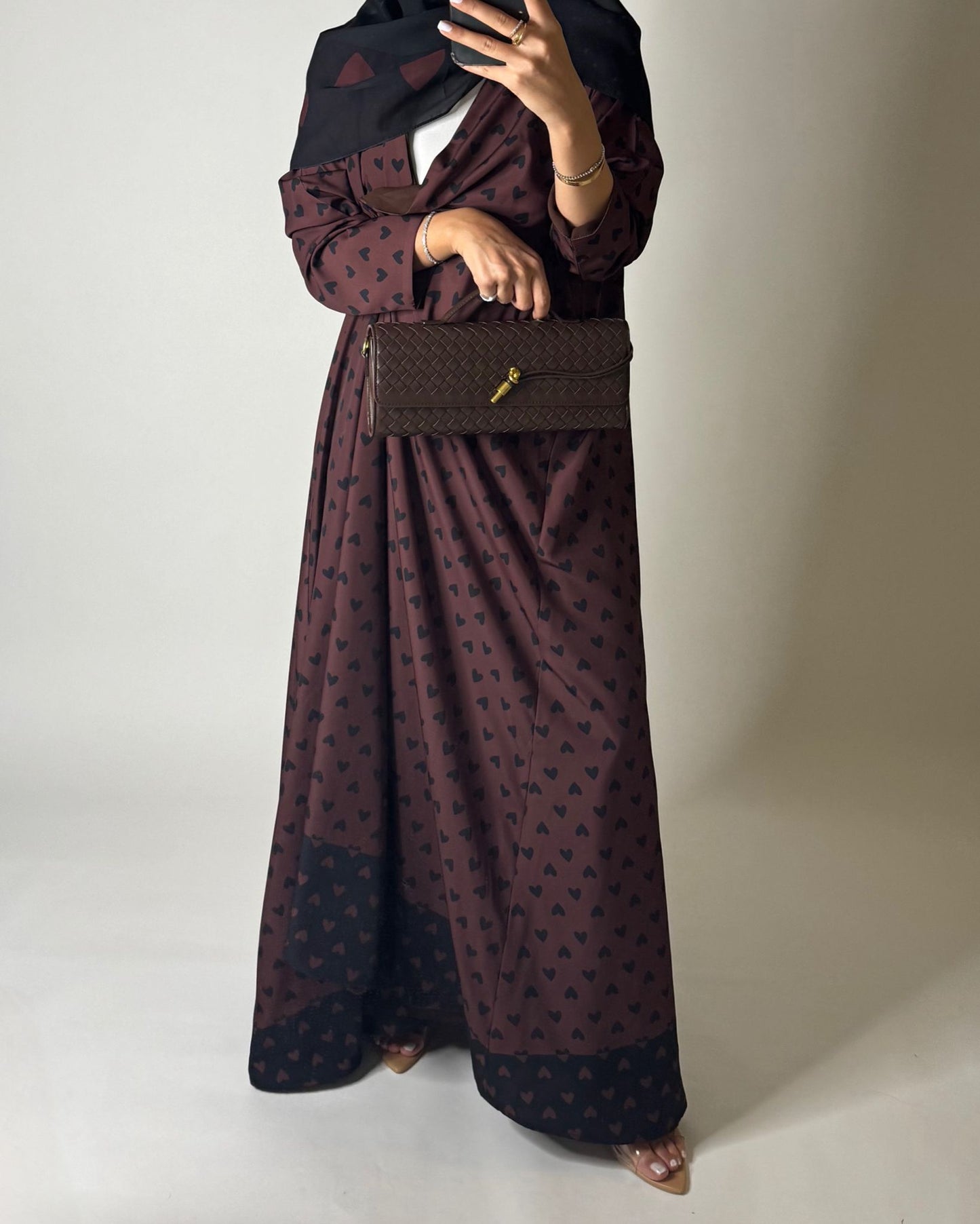 A606 -  Shades of Brown Heart A-CUT Wrap Summery Abaya & Matching Head Scarf