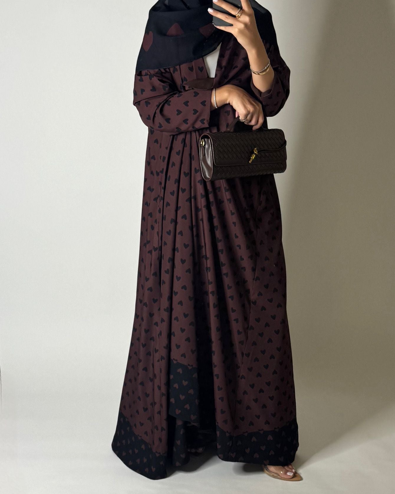 A606 -  Shades of Brown Heart A-CUT Wrap Summery Abaya & Matching Head Scarf