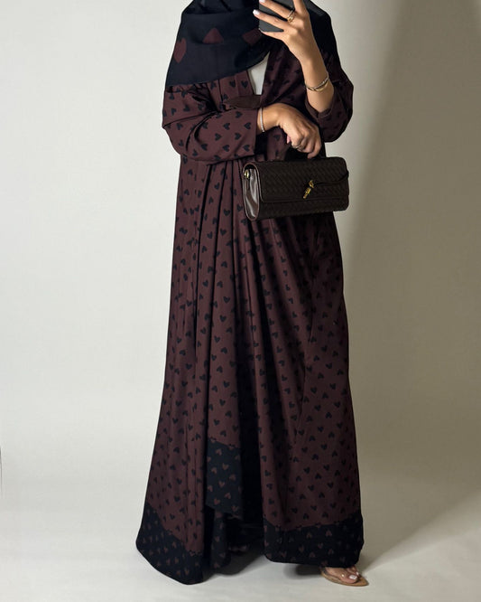 A606 -  Shades of Brown Heart A-CUT Wrap Summery Abaya & Matching Head Scarf