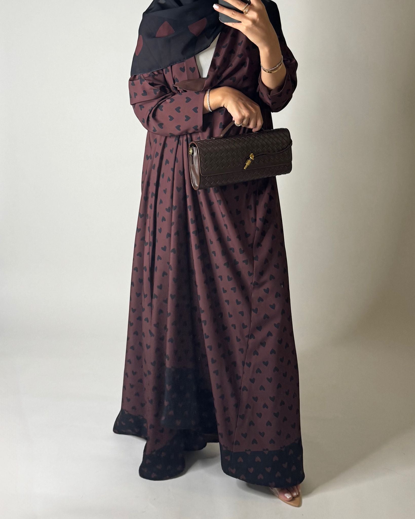 A606 -  Shades of Brown Heart A-CUT Wrap Summery Abaya & Matching Head Scarf
