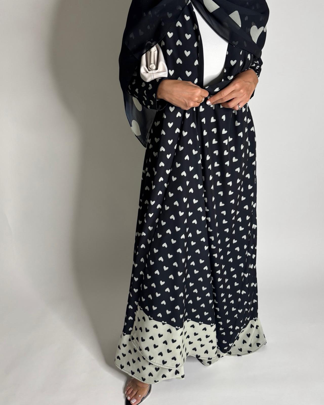 A609 - Black & White Heart A-CUT Wrap Summery Abaya & Matching Head Scarf