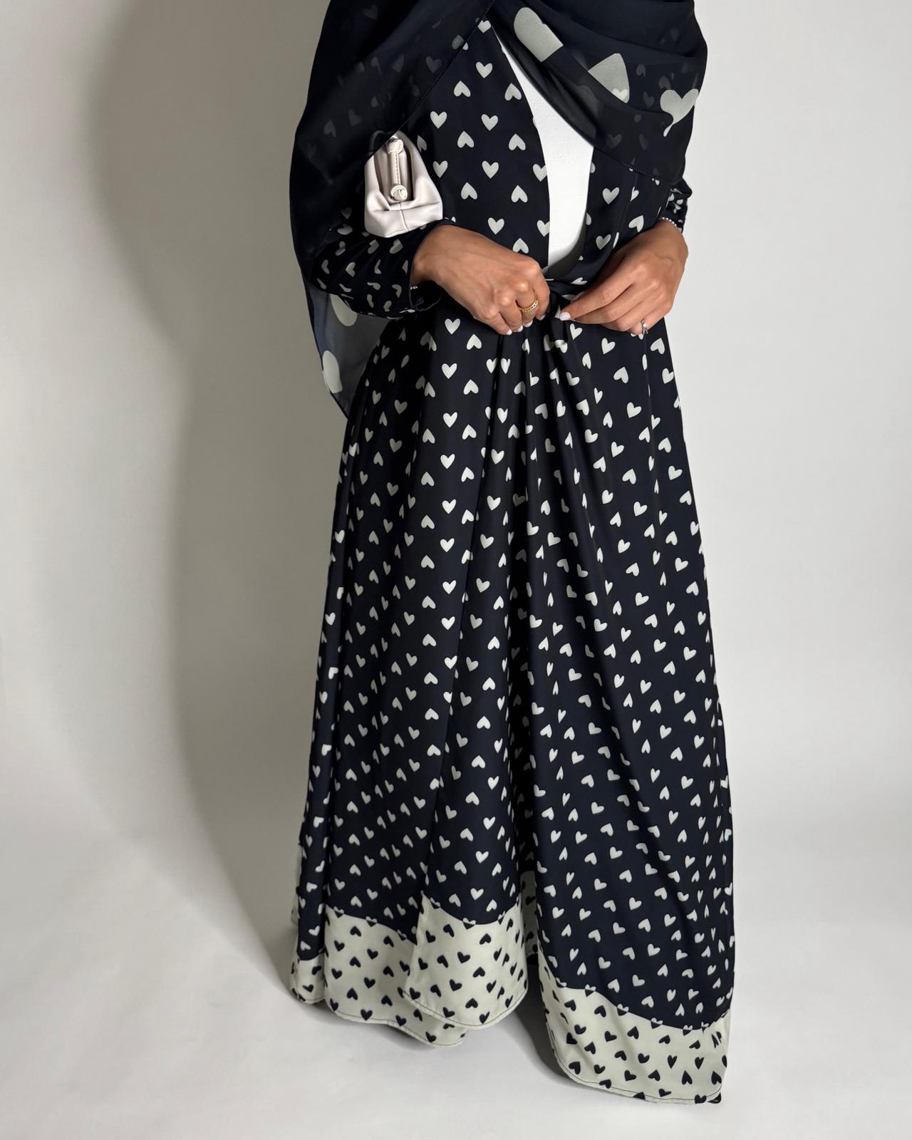 A609 - Black & White Heart A-CUT Wrap Summery Abaya & Matching Head Scarf