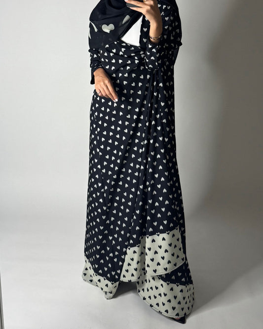 A609 - Black & White Heart A-CUT Wrap Summery Abaya & Matching Head Scarf