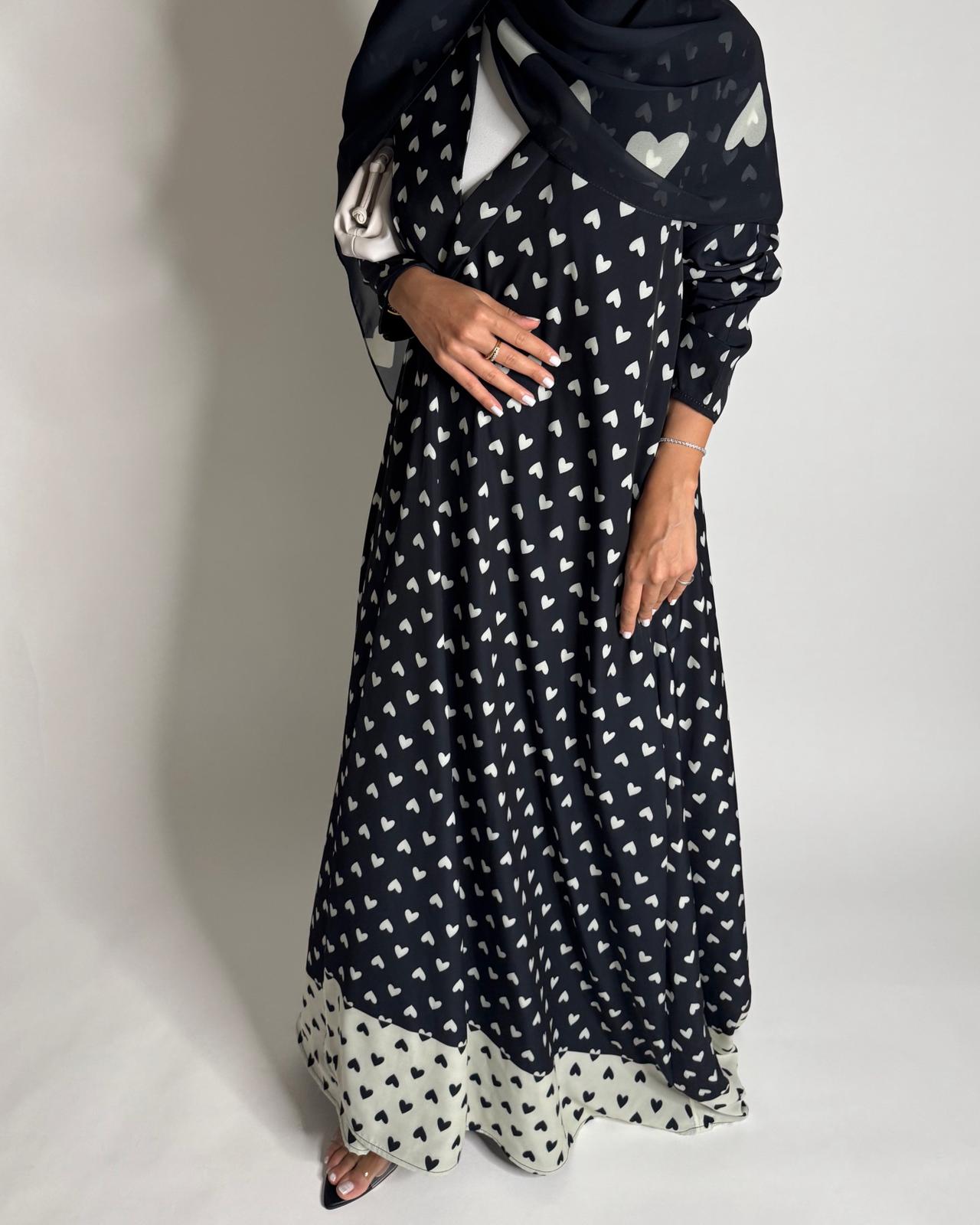 A609 - Black & White Heart A-CUT Wrap Summery Abaya & Matching Head Scarf