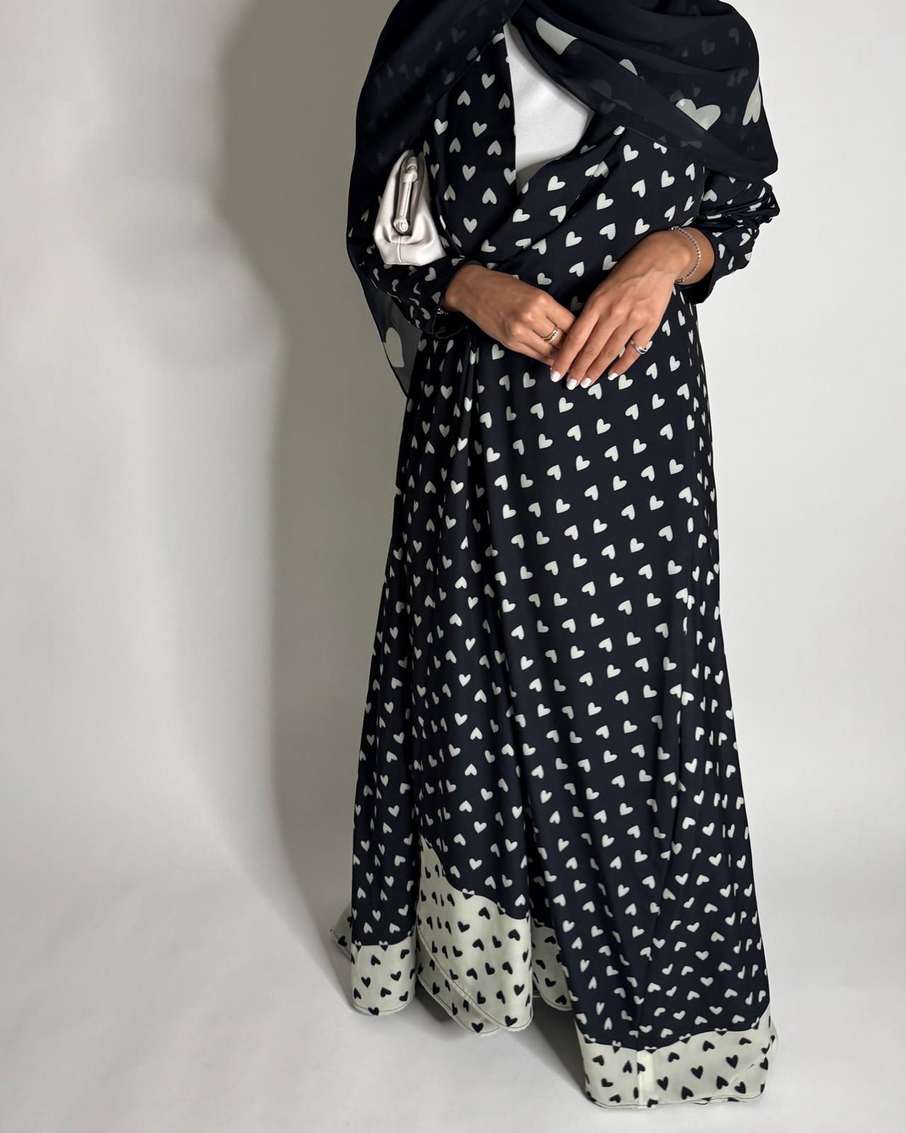 A609 - Black & White Heart A-CUT Wrap Summery Abaya & Matching Head Scarf