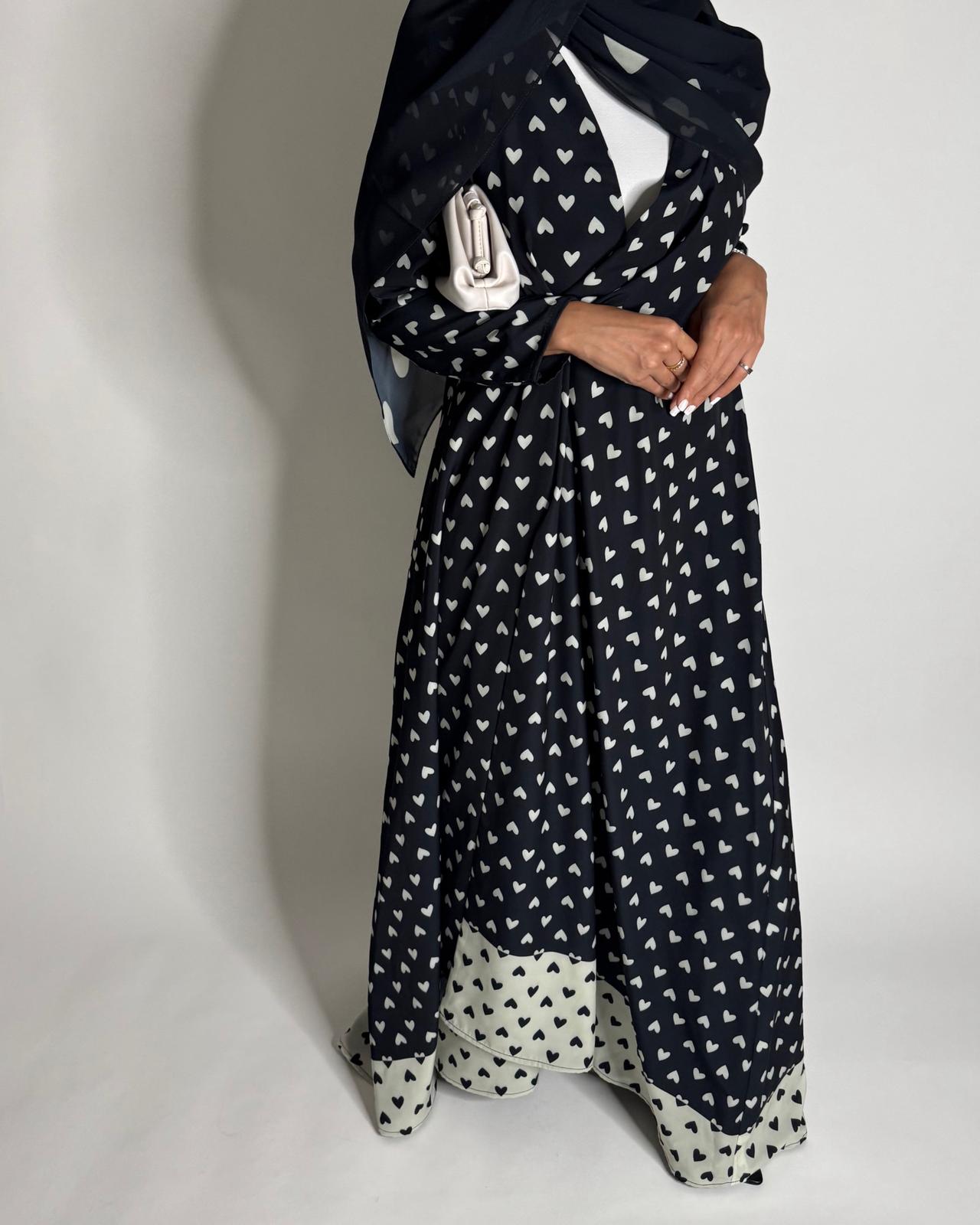 A609 - Black & White Heart A-CUT Wrap Summery Abaya & Matching Head Scarf