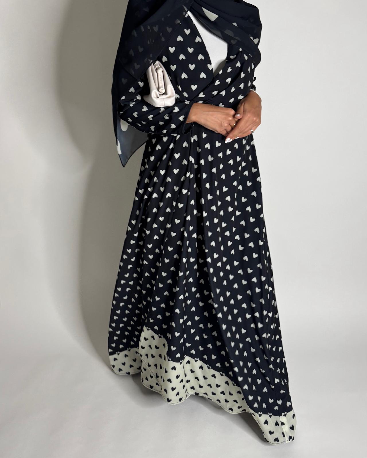 A609 - Black & White Heart A-CUT Wrap Summery Abaya & Matching Head Scarf