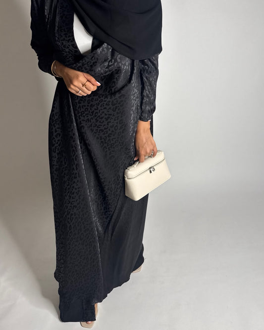 A617 - Black Leopard Pattern Summery A-CUT Wrap Abaya & Head Scarf