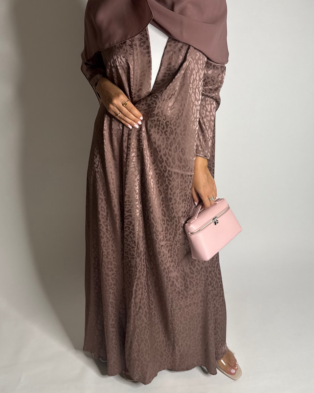 A615 - Brown Leopard Pattern Summery A-CUT Wrap Abaya & Head Scarf