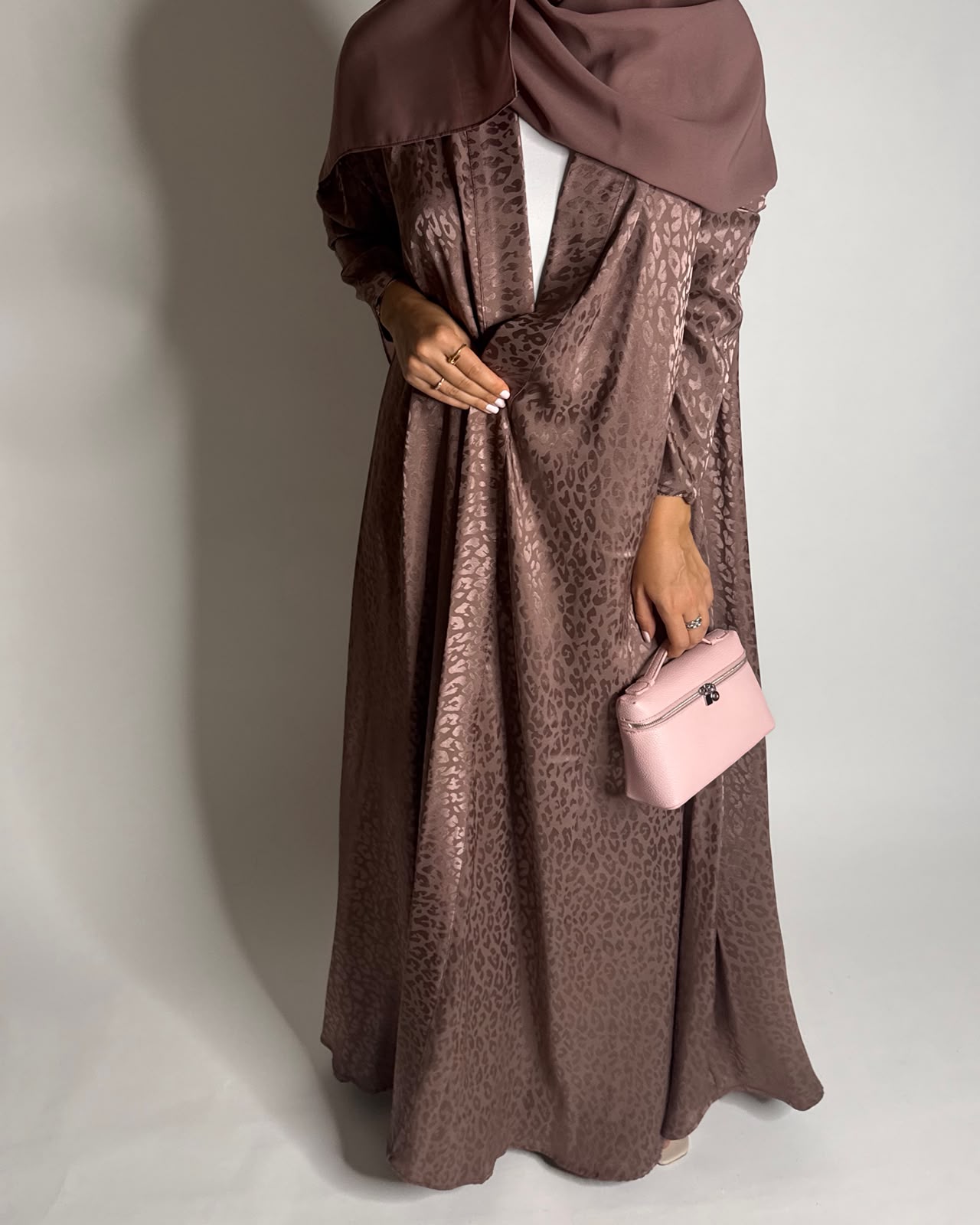 A615 - Brown Leopard Pattern Summery A-CUT Wrap Abaya & Head Scarf