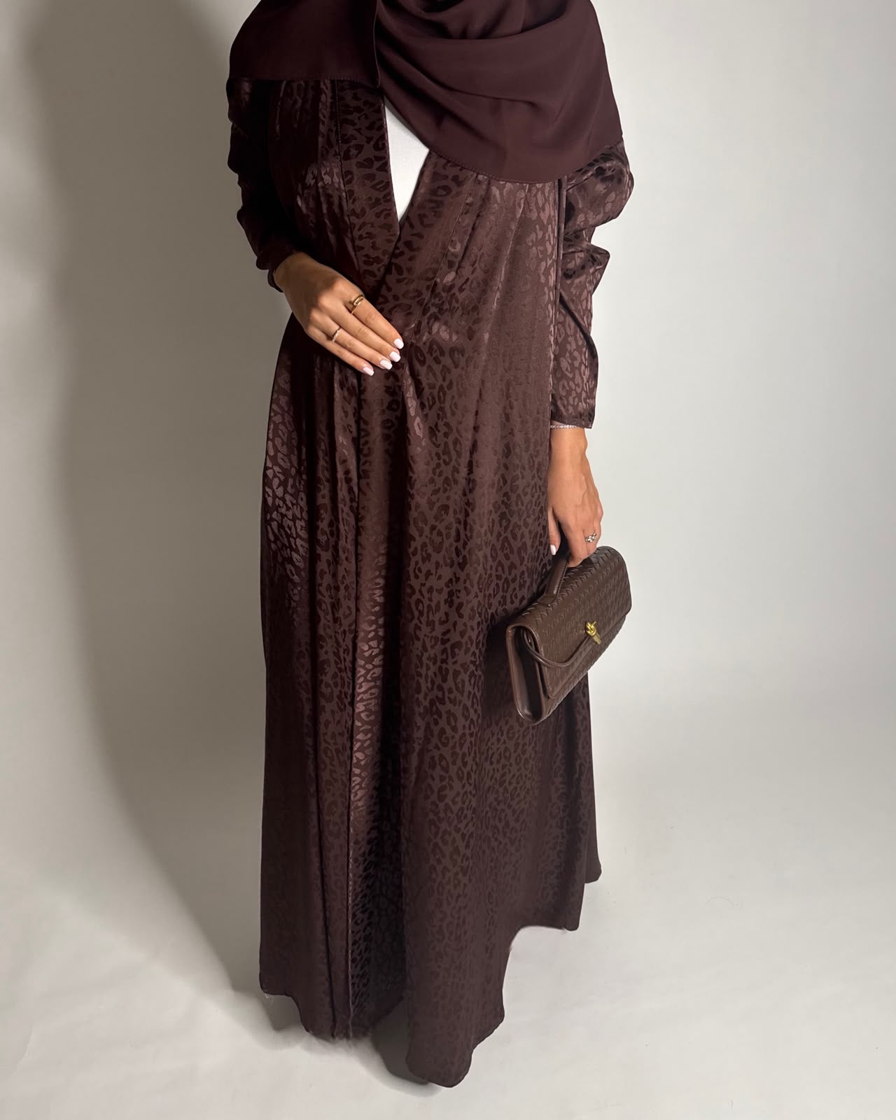 A614 - Dark Brown Leopard Pattern Summery A-CUT Wrap Abaya & Head Scarf