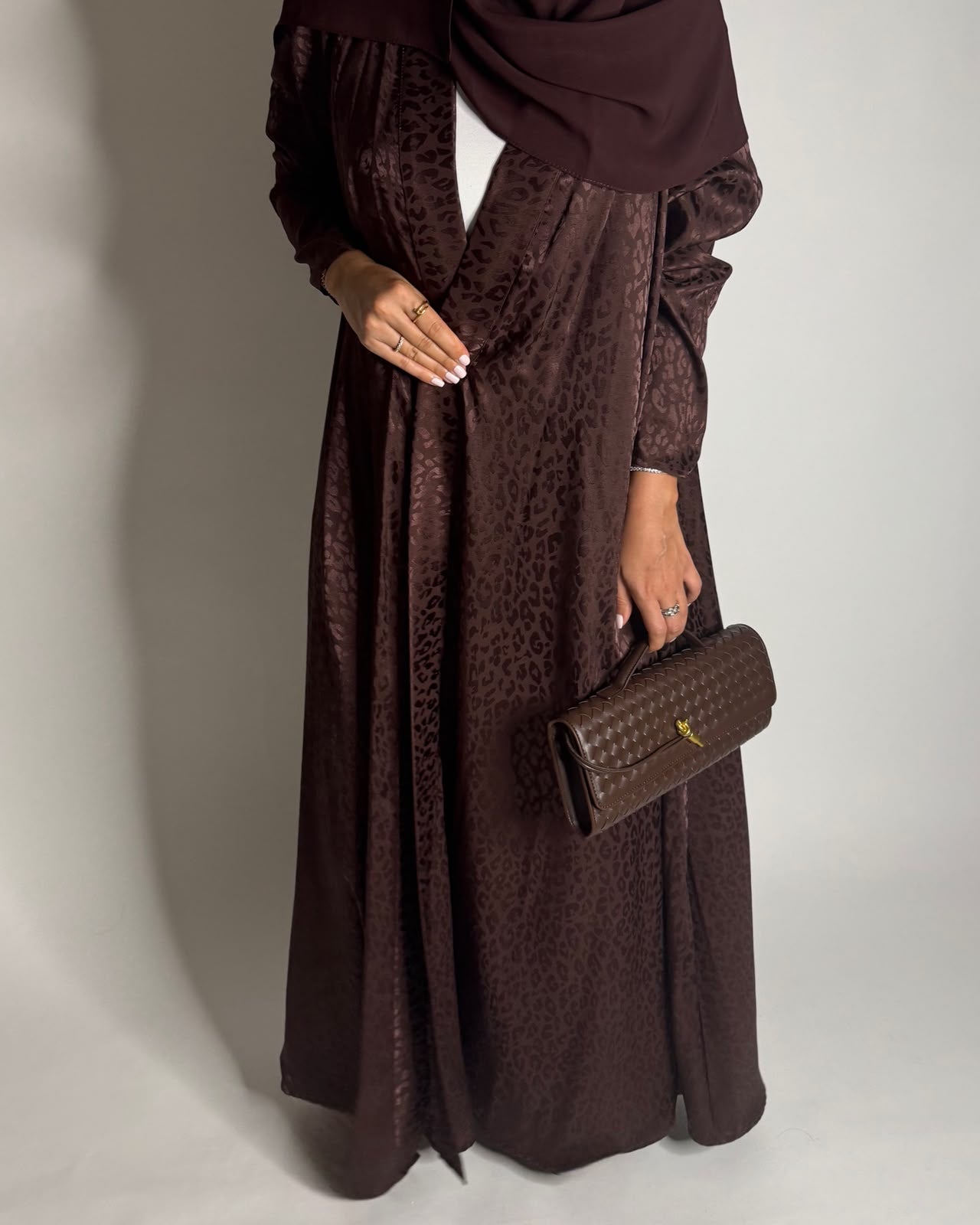 A614 - Dark Brown Leopard Pattern Summery A-CUT Wrap Abaya & Head Scarf