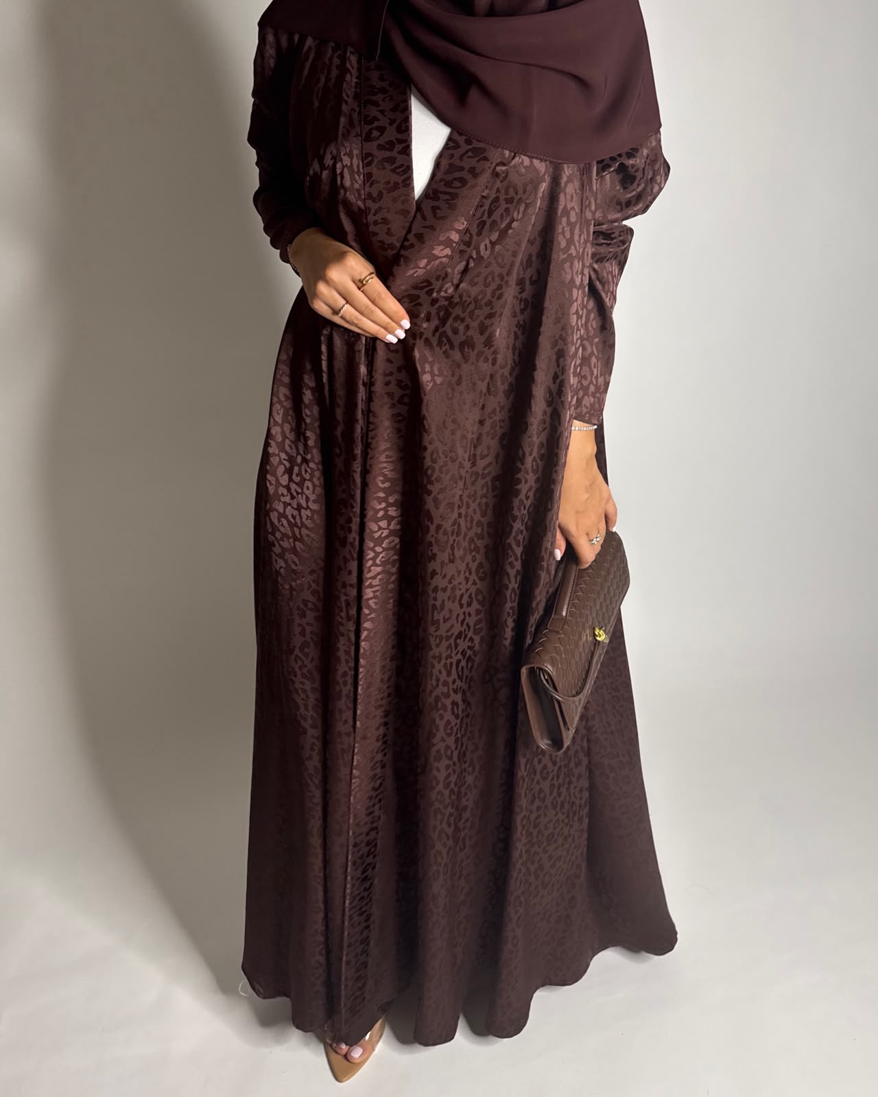 A614 - Dark Brown Leopard Pattern Summery A-CUT Wrap Abaya & Head Scarf