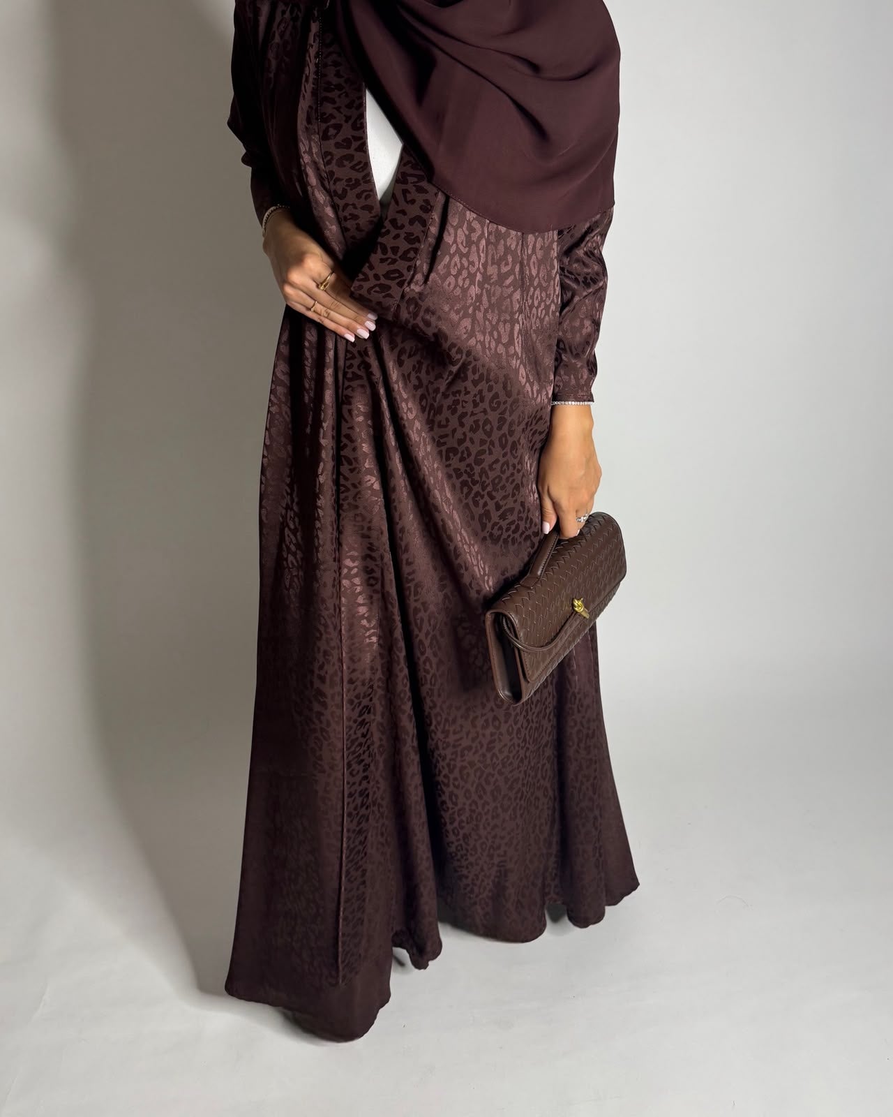A614 - Dark Brown Leopard Pattern Summery A-CUT Wrap Abaya & Head Scarf
