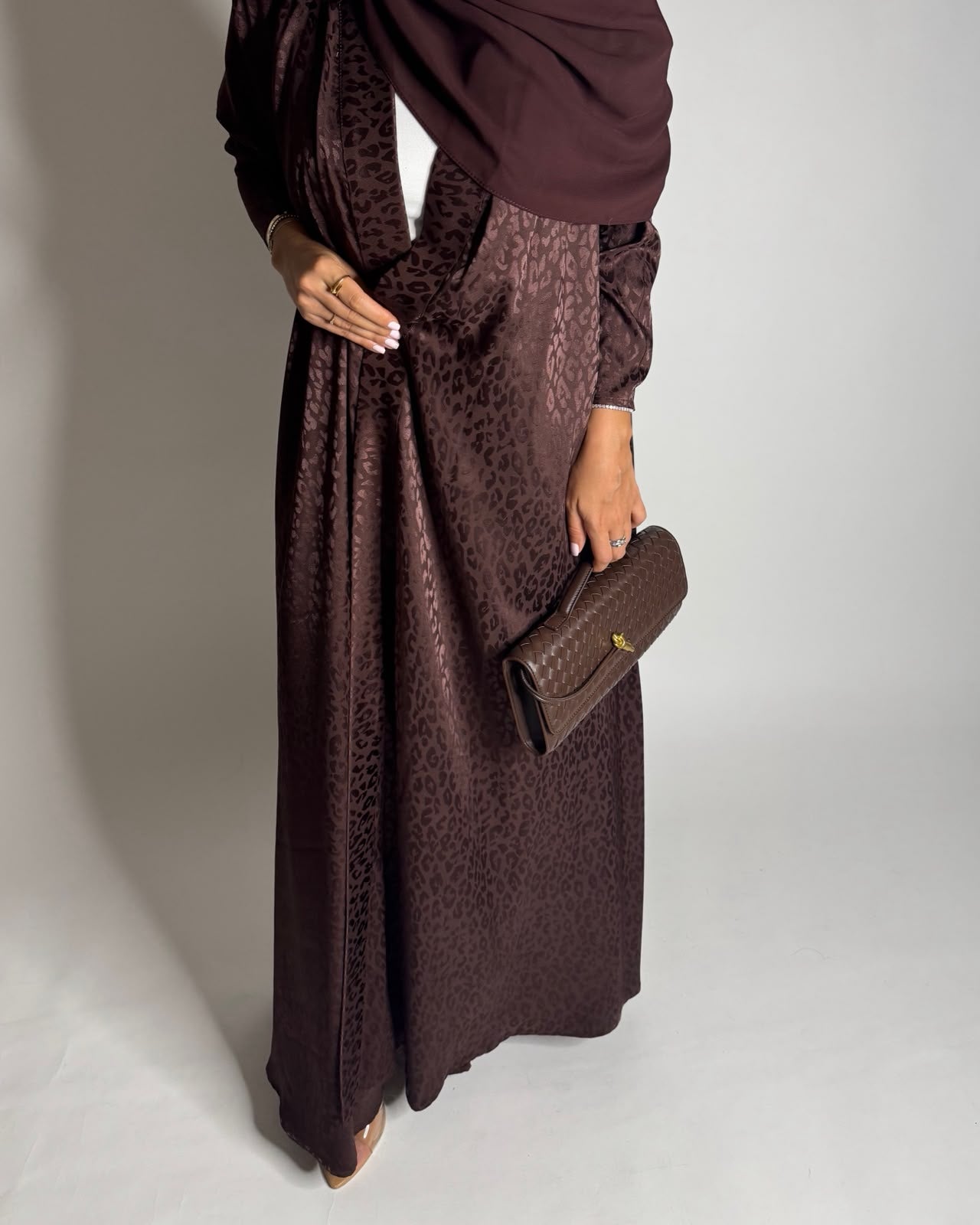 A614 - Dark Brown Leopard Pattern Summery A-CUT Wrap Abaya & Head Scarf