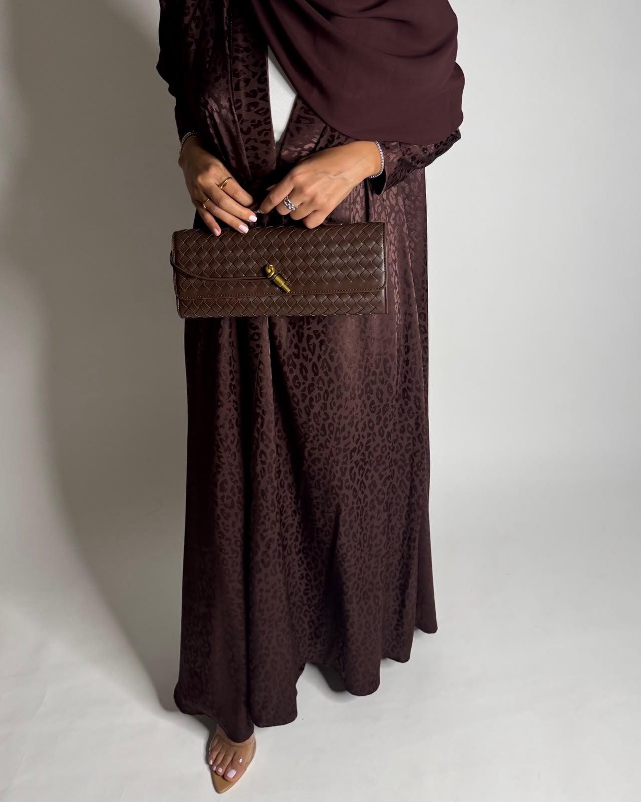 A614 - Dark Brown Leopard Pattern Summery A-CUT Wrap Abaya & Head Scarf