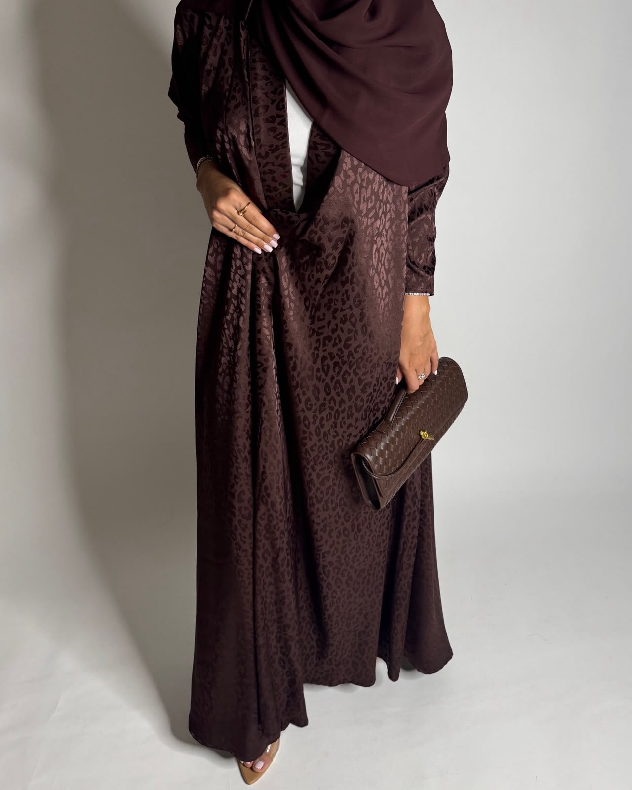 A614 - Dark Brown Leopard Pattern Summery A-CUT Wrap Abaya & Head Scarf