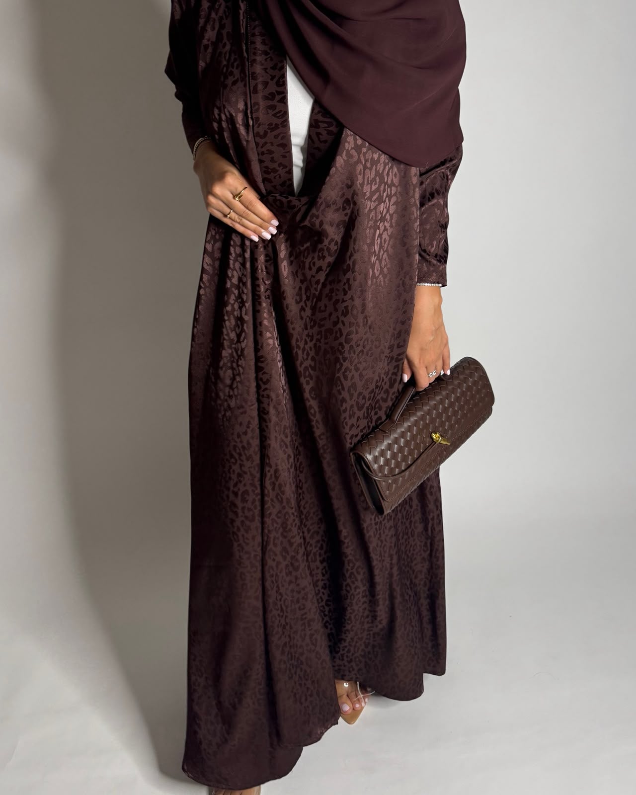 A614 - Dark Brown Leopard Pattern Summery A-CUT Wrap Abaya & Head Scarf