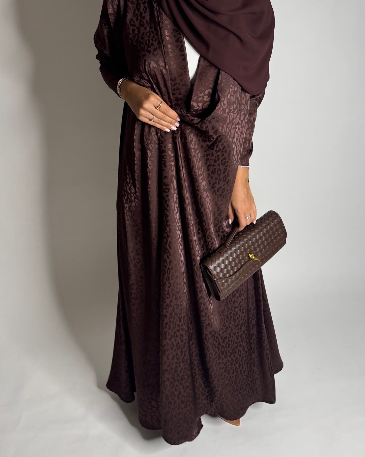 A614 - Dark Brown Leopard Pattern Summery A-CUT Wrap Abaya & Head Scarf