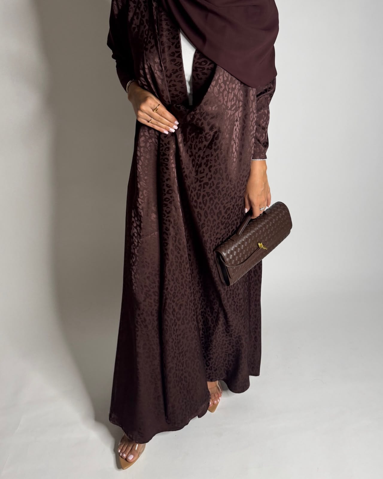 A614 - Dark Brown Leopard Pattern Summery A-CUT Wrap Abaya & Head Scarf