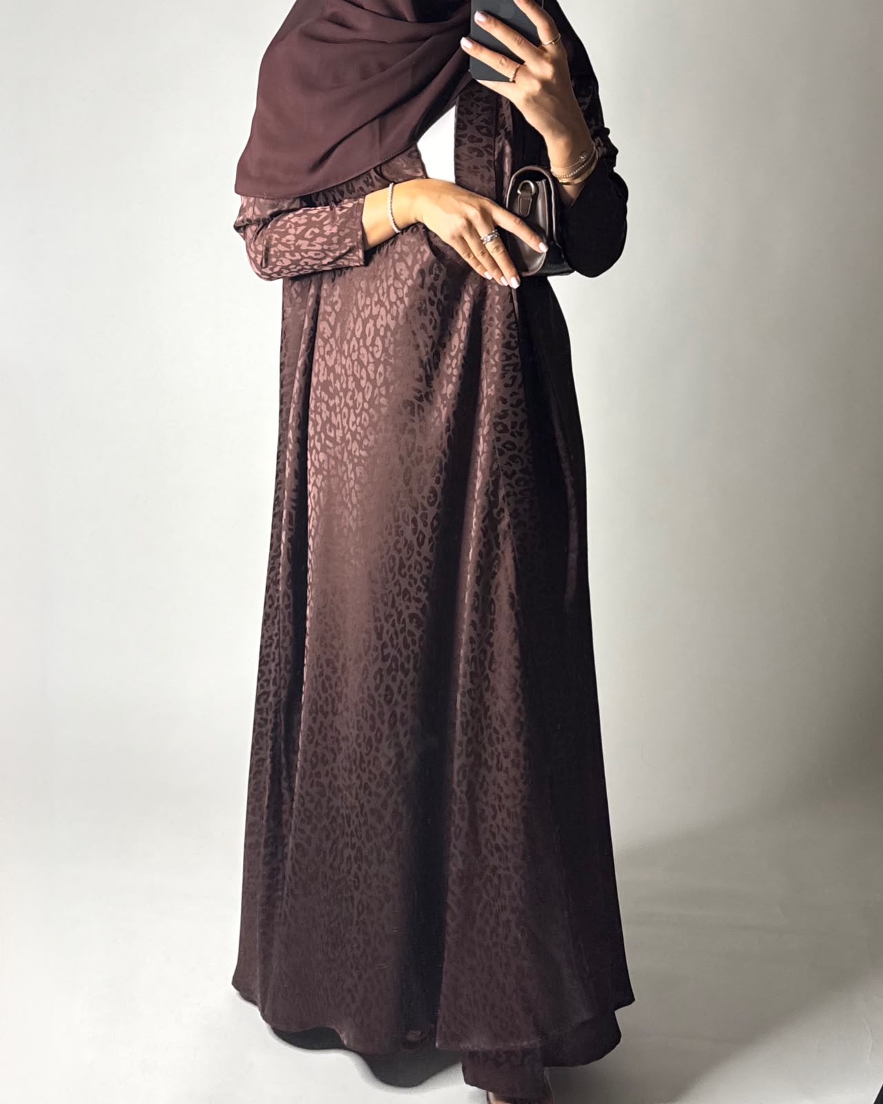 A614 - Dark Brown Leopard Pattern Summery A-CUT Wrap Abaya & Head Scarf
