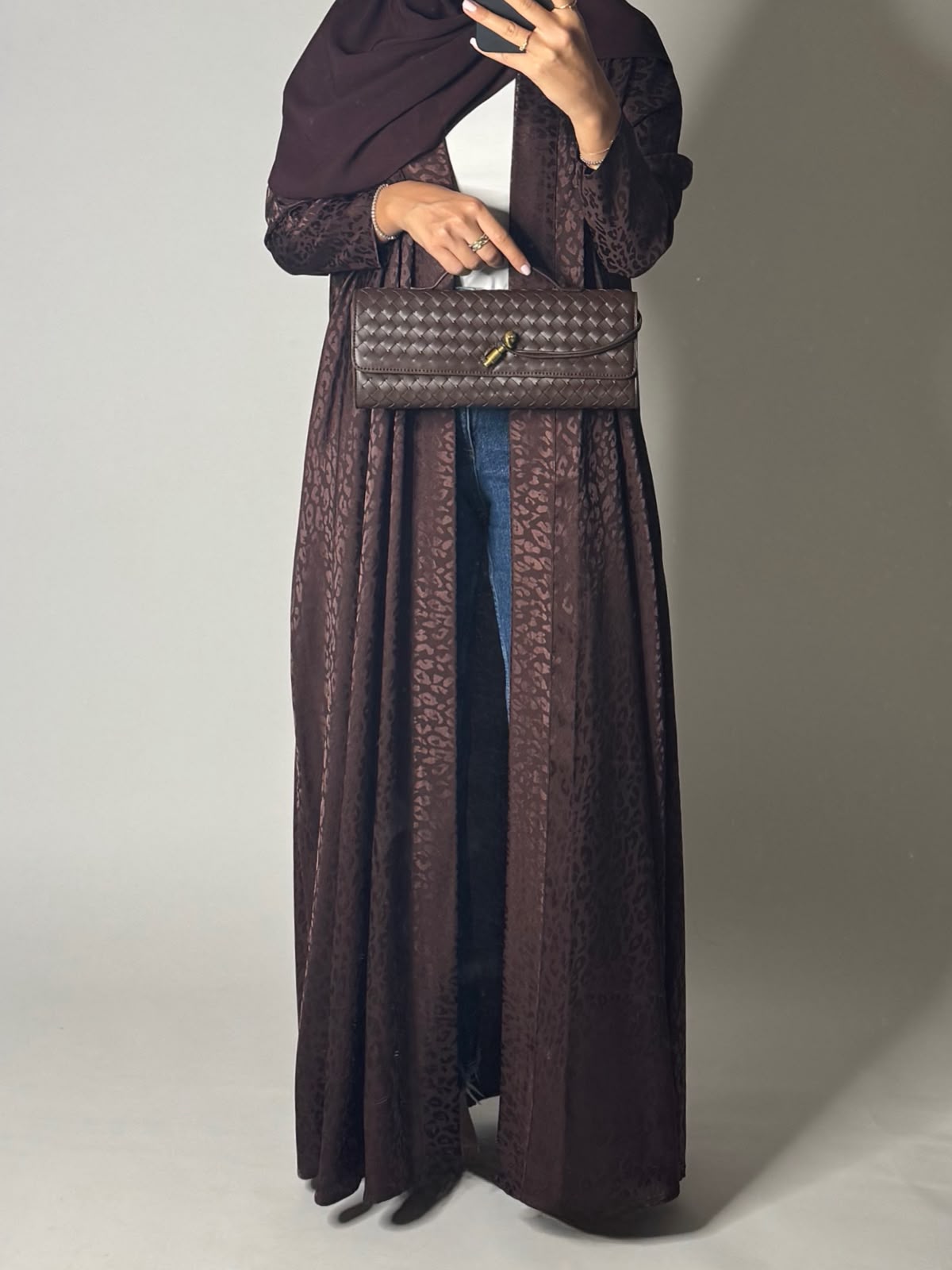 A614 - Dark Brown Leopard Pattern Summery A-CUT Wrap Abaya & Head Scarf