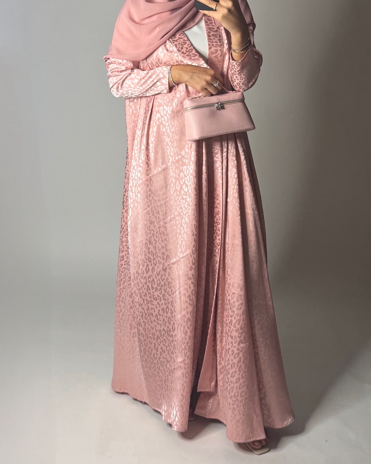 A616 - Pink Leopard Pattern Summery A-CUT Wrap Abaya & Head Scarf