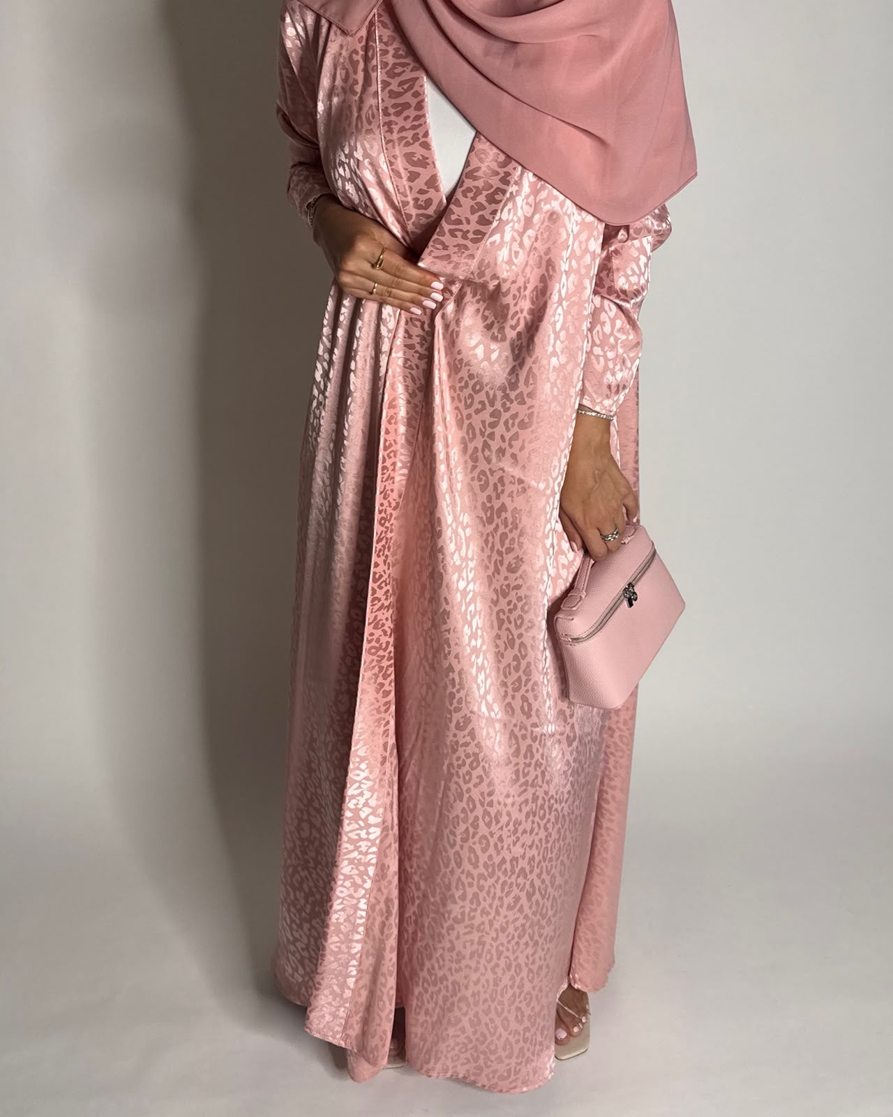 A616 - Pink Leopard Pattern Summery A-CUT Wrap Abaya & Head Scarf