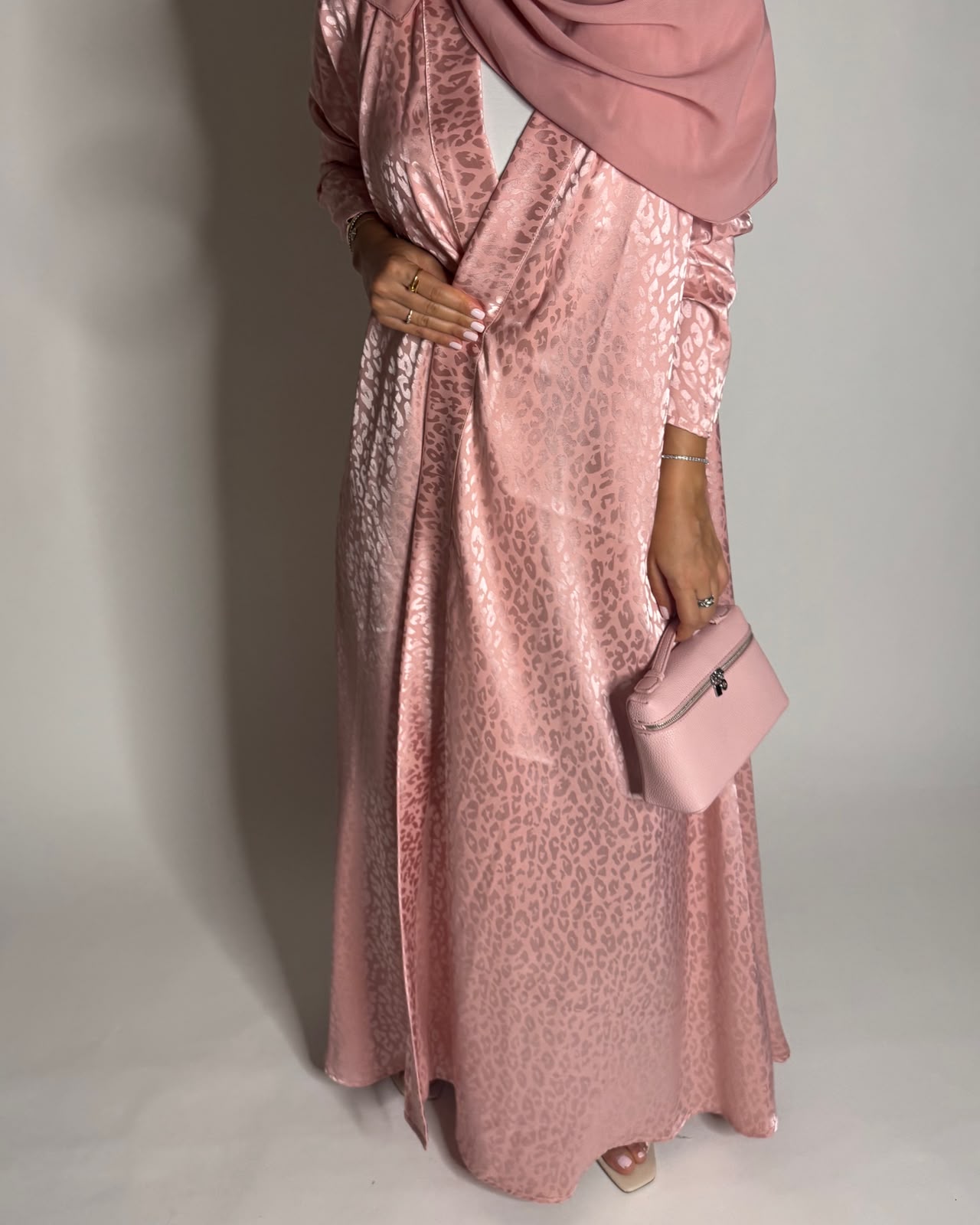A616 - Pink Leopard Pattern Summery A-CUT Wrap Abaya & Head Scarf