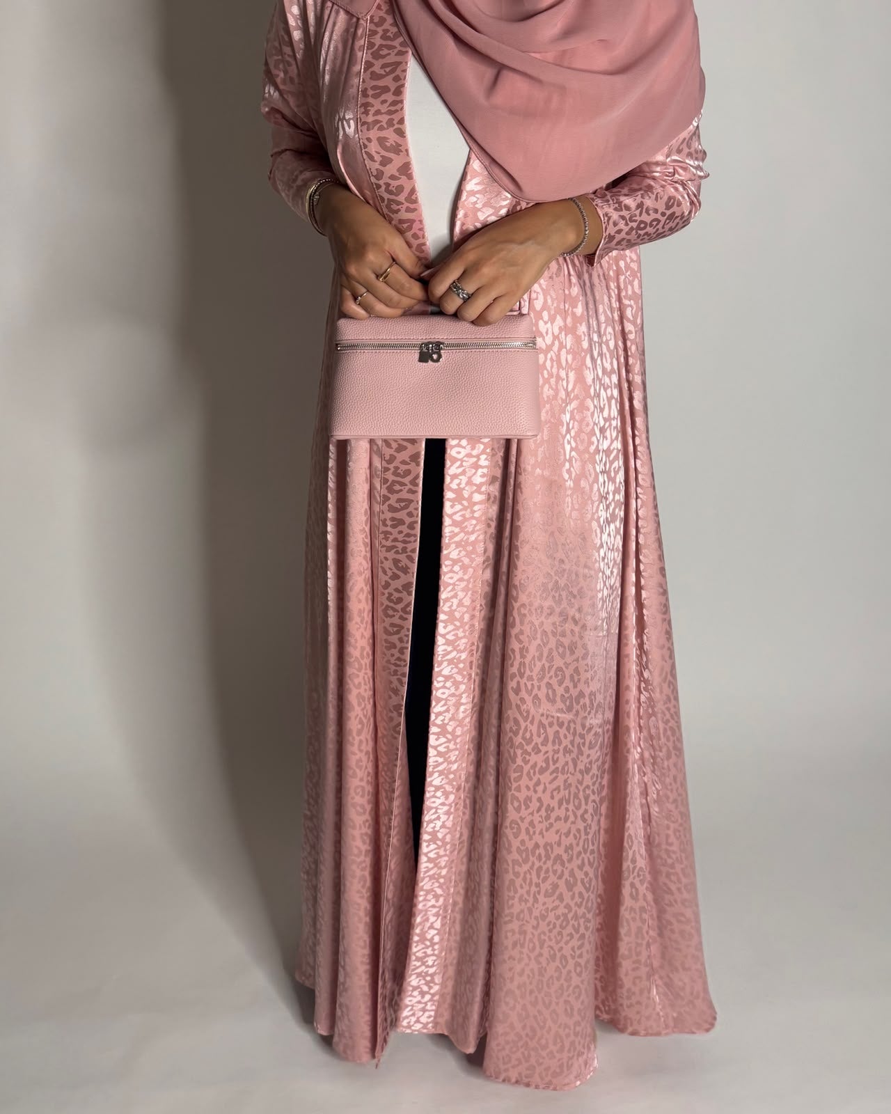 A616 - Pink Leopard Pattern Summery A-CUT Wrap Abaya & Head Scarf