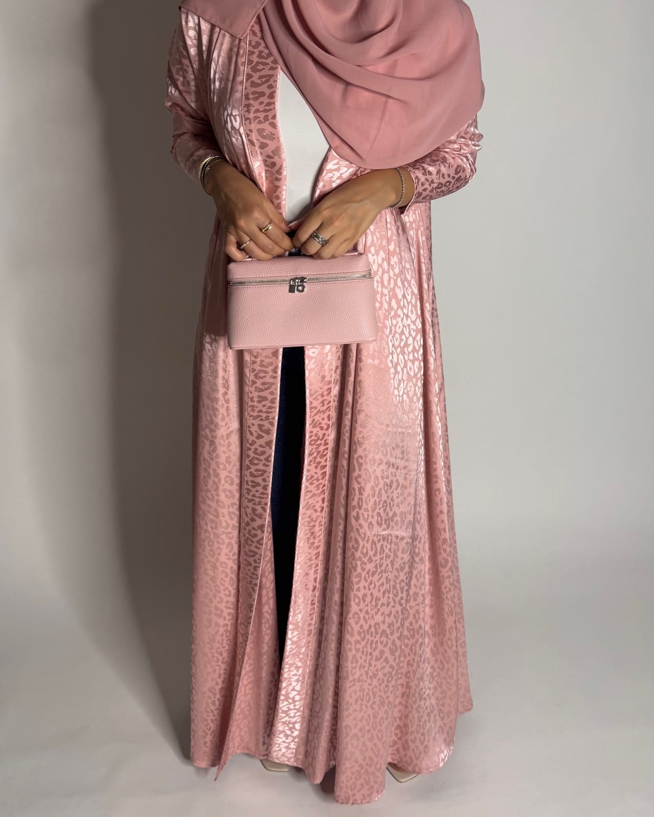 A616 - Pink Leopard Pattern Summery A-CUT Wrap Abaya & Head Scarf