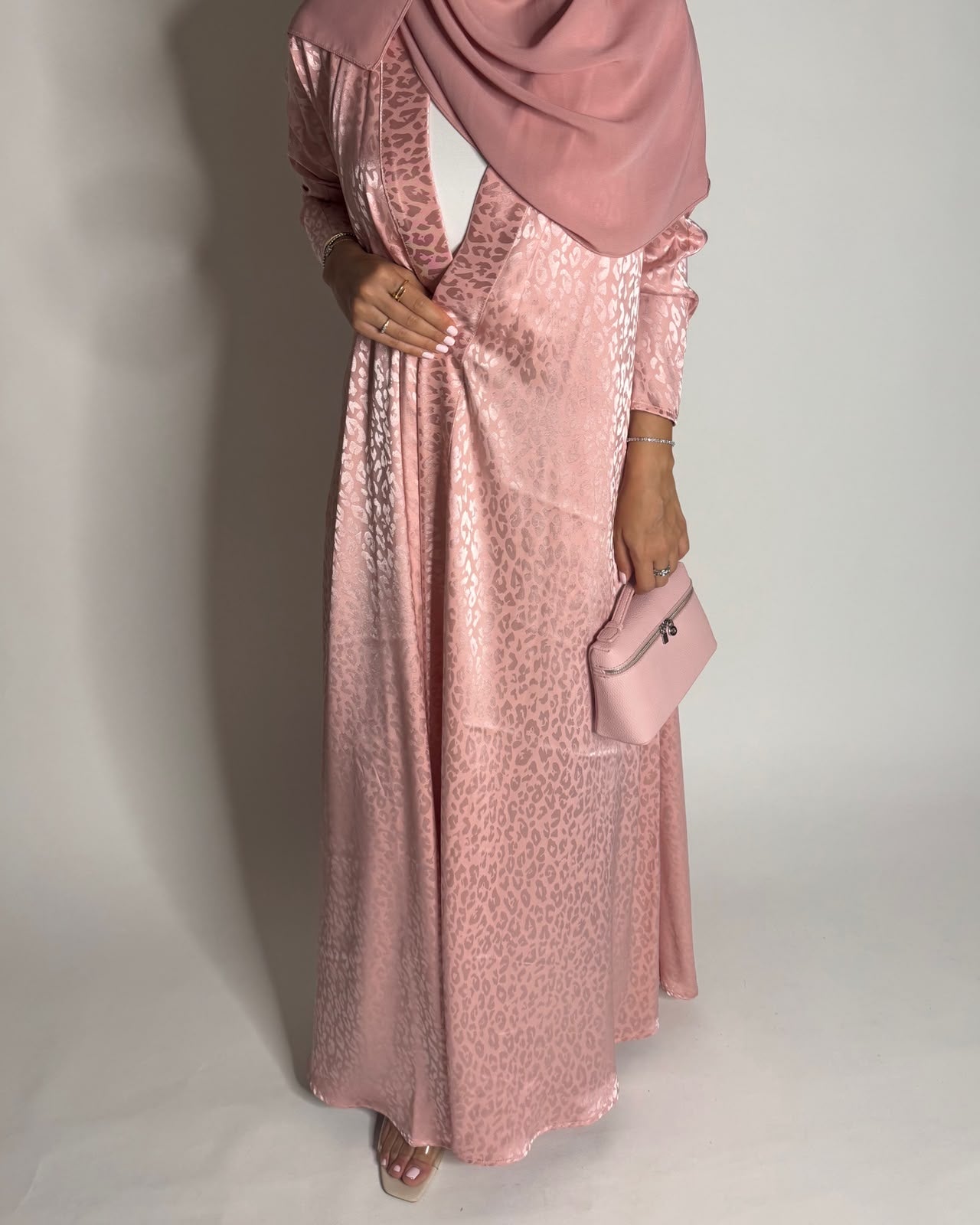A616 - Pink Leopard Pattern Summery A-CUT Wrap Abaya & Head Scarf