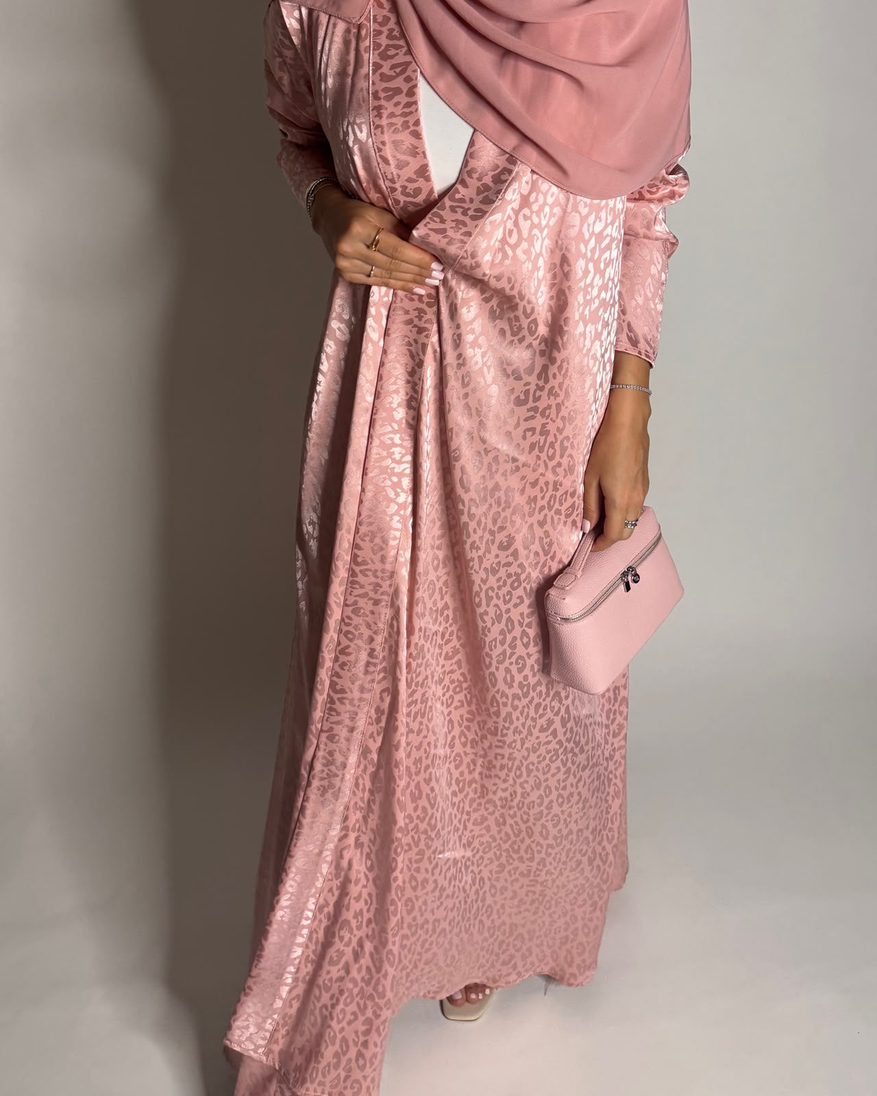 A616 - Pink Leopard Pattern Summery A-CUT Wrap Abaya & Head Scarf