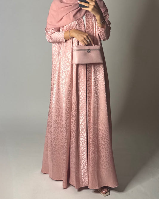 A616 - Pink Leopard Pattern Summery A-CUT Wrap Abaya & Head Scarf