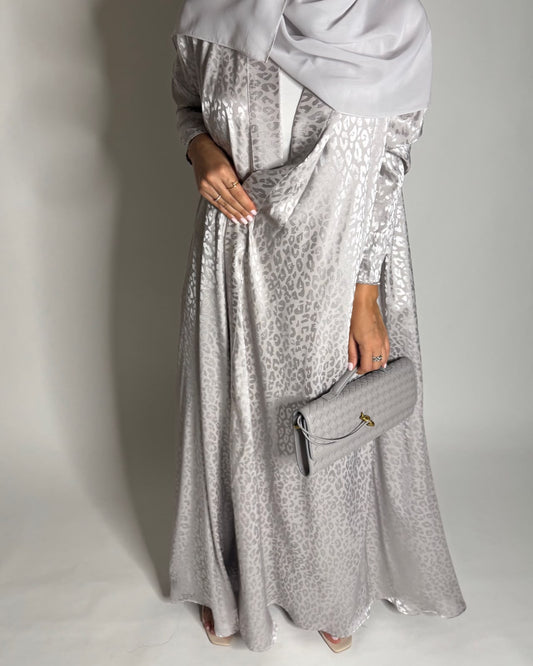 A613 - Silver Gray Leopard Pattern Summery A-CUT Wrap Abaya & Head Scarf