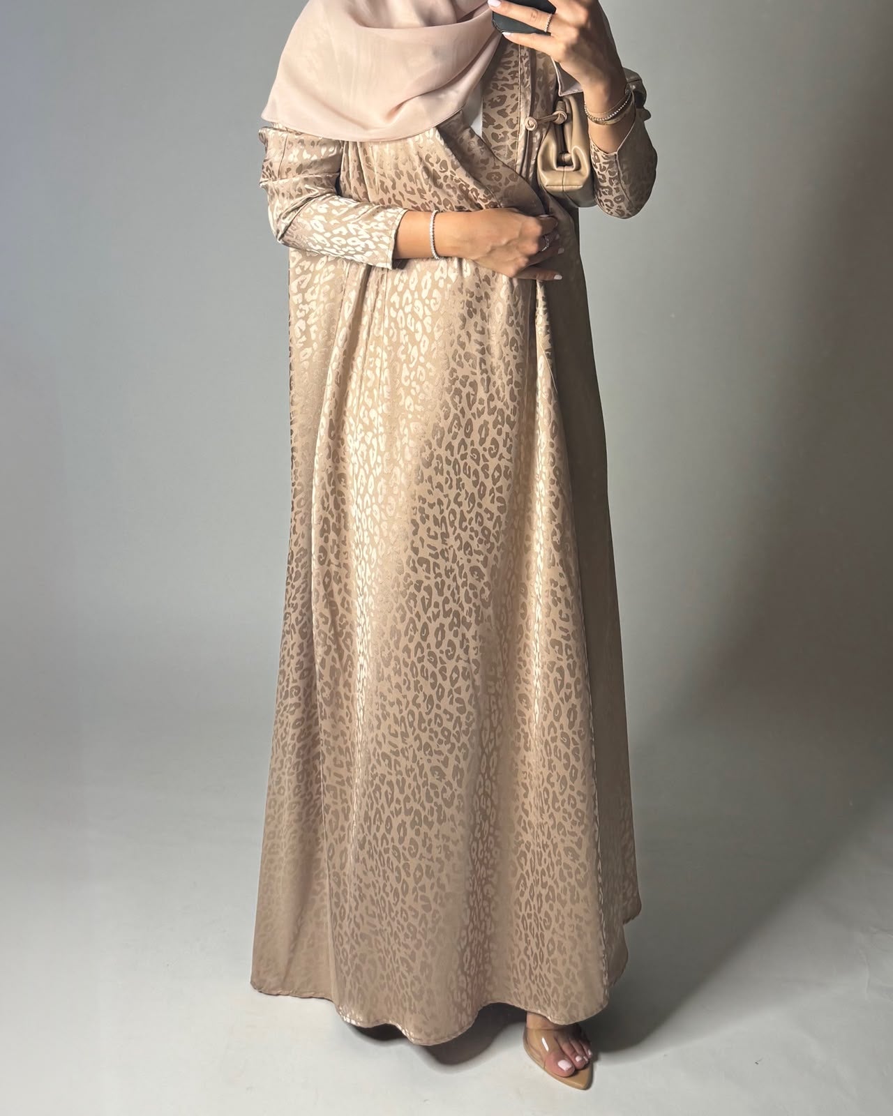 A612 - Sand Leopard Pattern Summery A-CUT Wrap Abaya & Head Scarf
