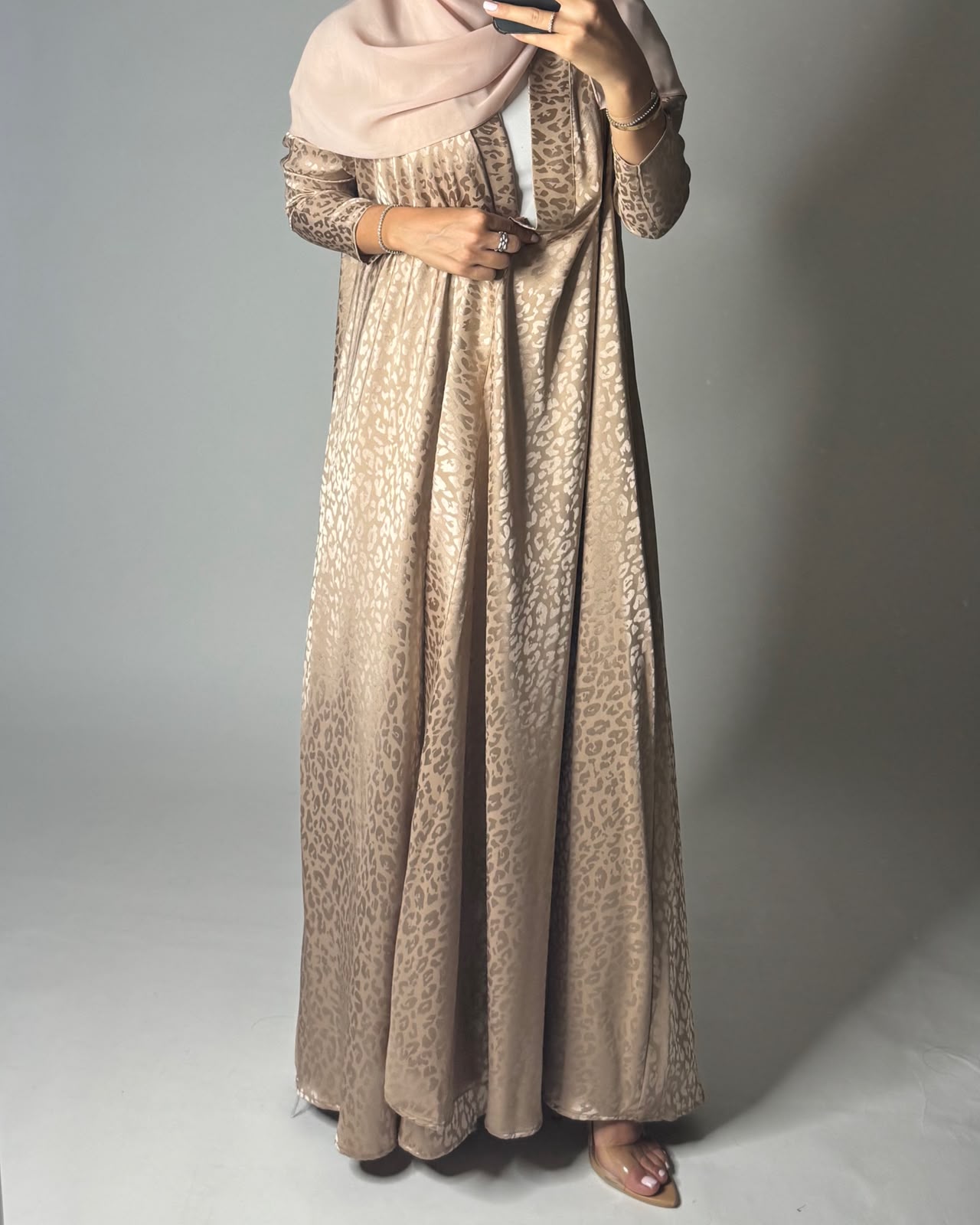 A612 - Sand Leopard Pattern Summery A-CUT Wrap Abaya & Head Scarf