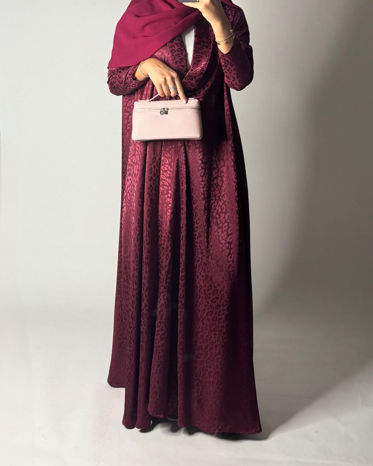 A611 - Pink-ish Maroon Leopard Pattern Summery A-CUT Wrap Abaya & Head Scarf