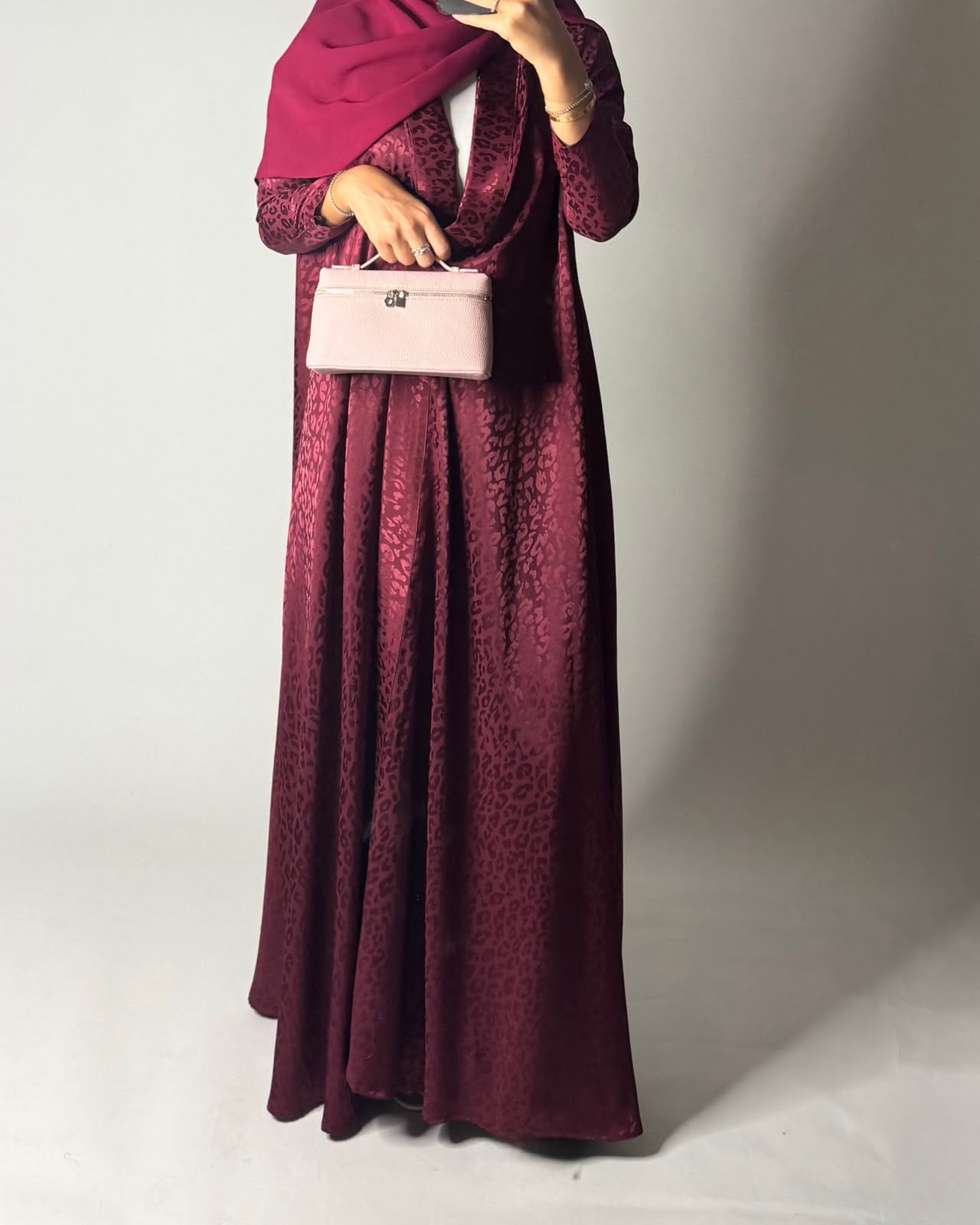 A611 - Pink-ish Maroon Leopard Pattern Summery A-CUT Wrap Abaya & Head Scarf
