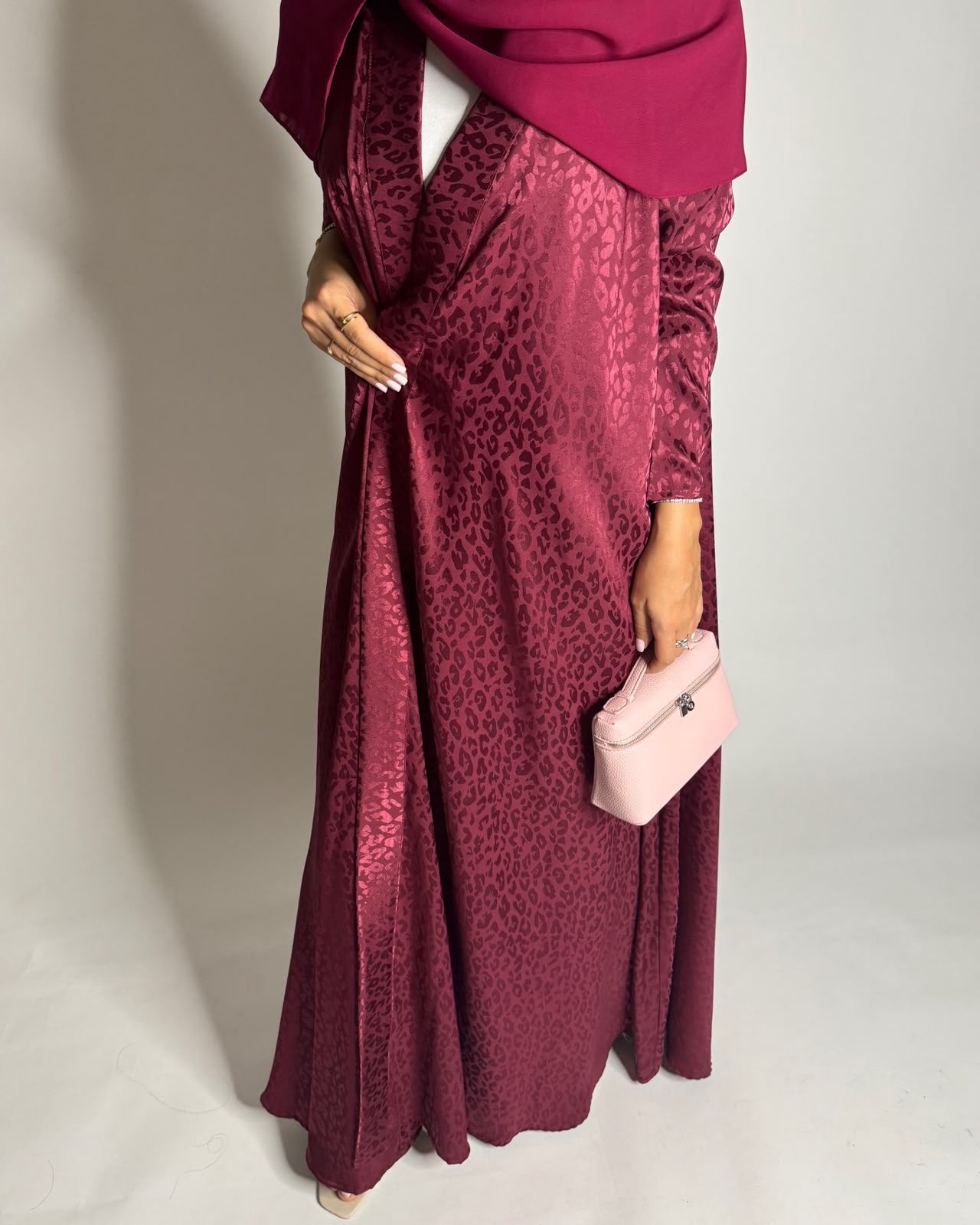 A611 - Pink-ish Maroon Leopard Pattern Summery A-CUT Wrap Abaya & Head Scarf