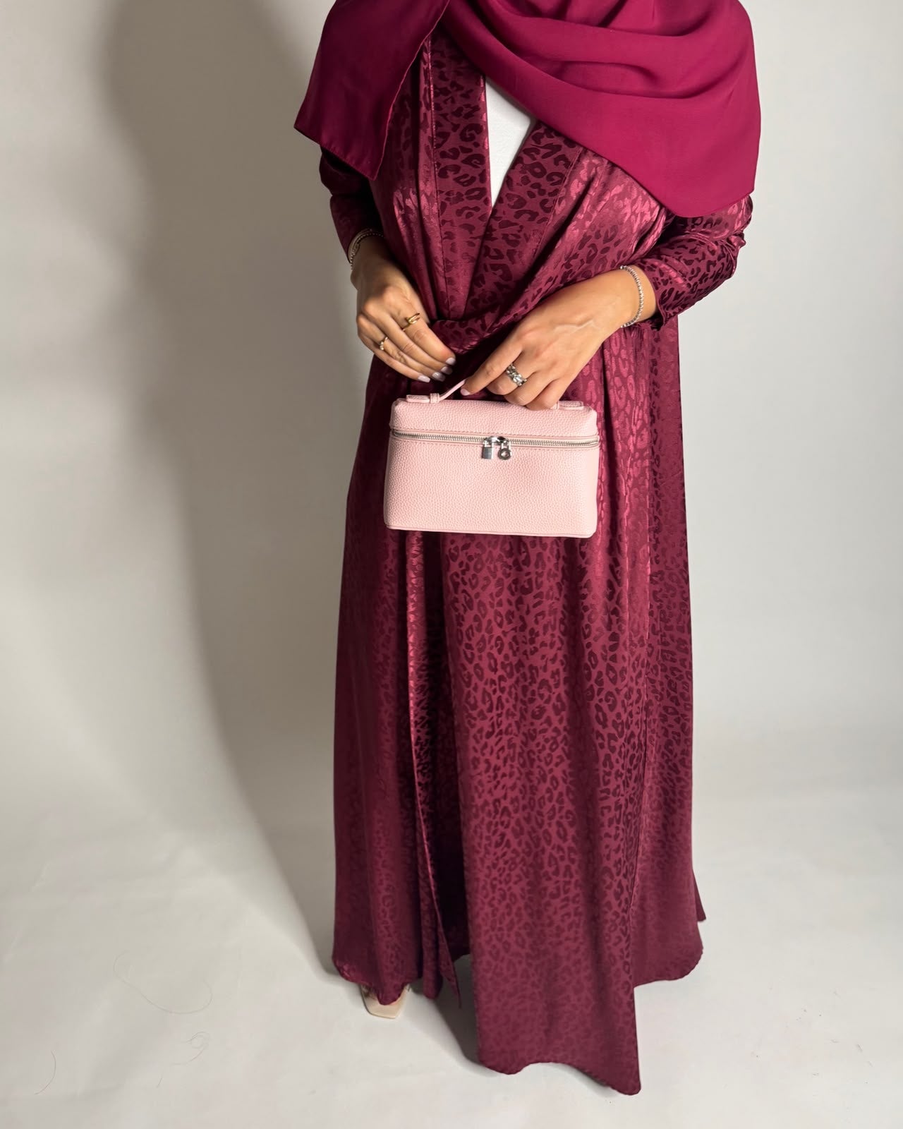 A611 - Pink-ish Maroon Leopard Pattern Summery A-CUT Wrap Abaya & Head Scarf