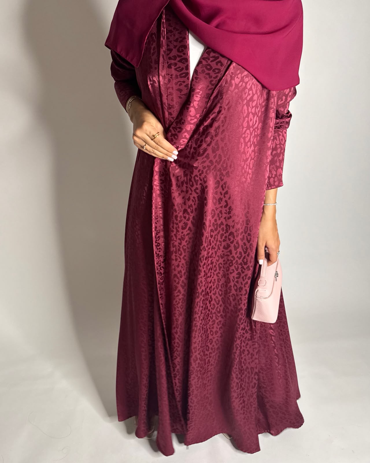 A611 - Pink-ish Maroon Leopard Pattern Summery A-CUT Wrap Abaya & Head Scarf
