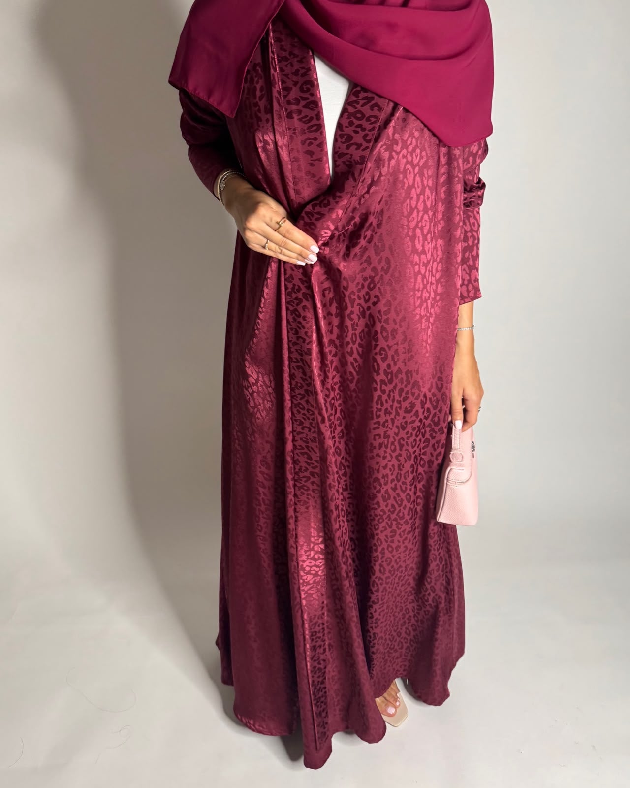 A611 - Pink-ish Maroon Leopard Pattern Summery A-CUT Wrap Abaya & Head Scarf