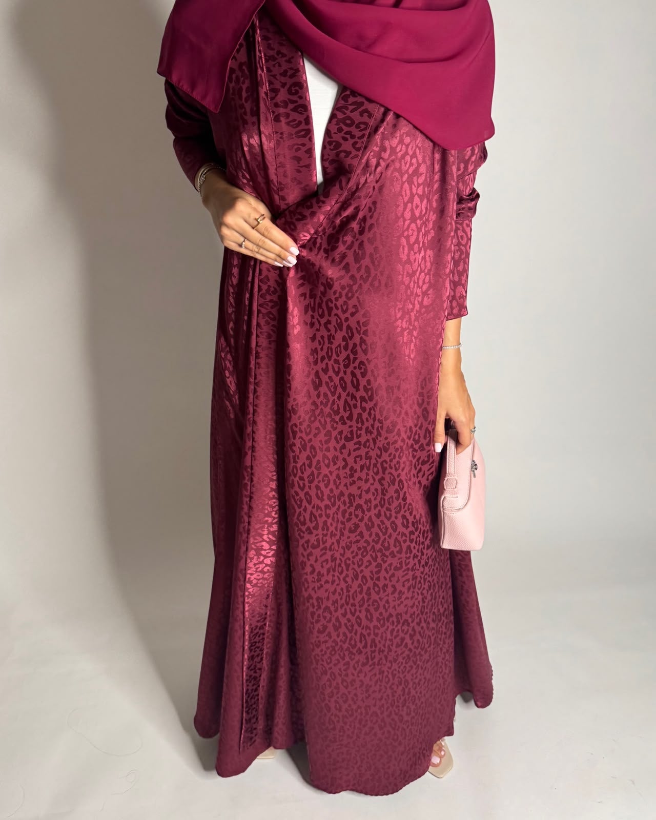 A611 - Pink-ish Maroon Leopard Pattern Summery A-CUT Wrap Abaya & Head Scarf