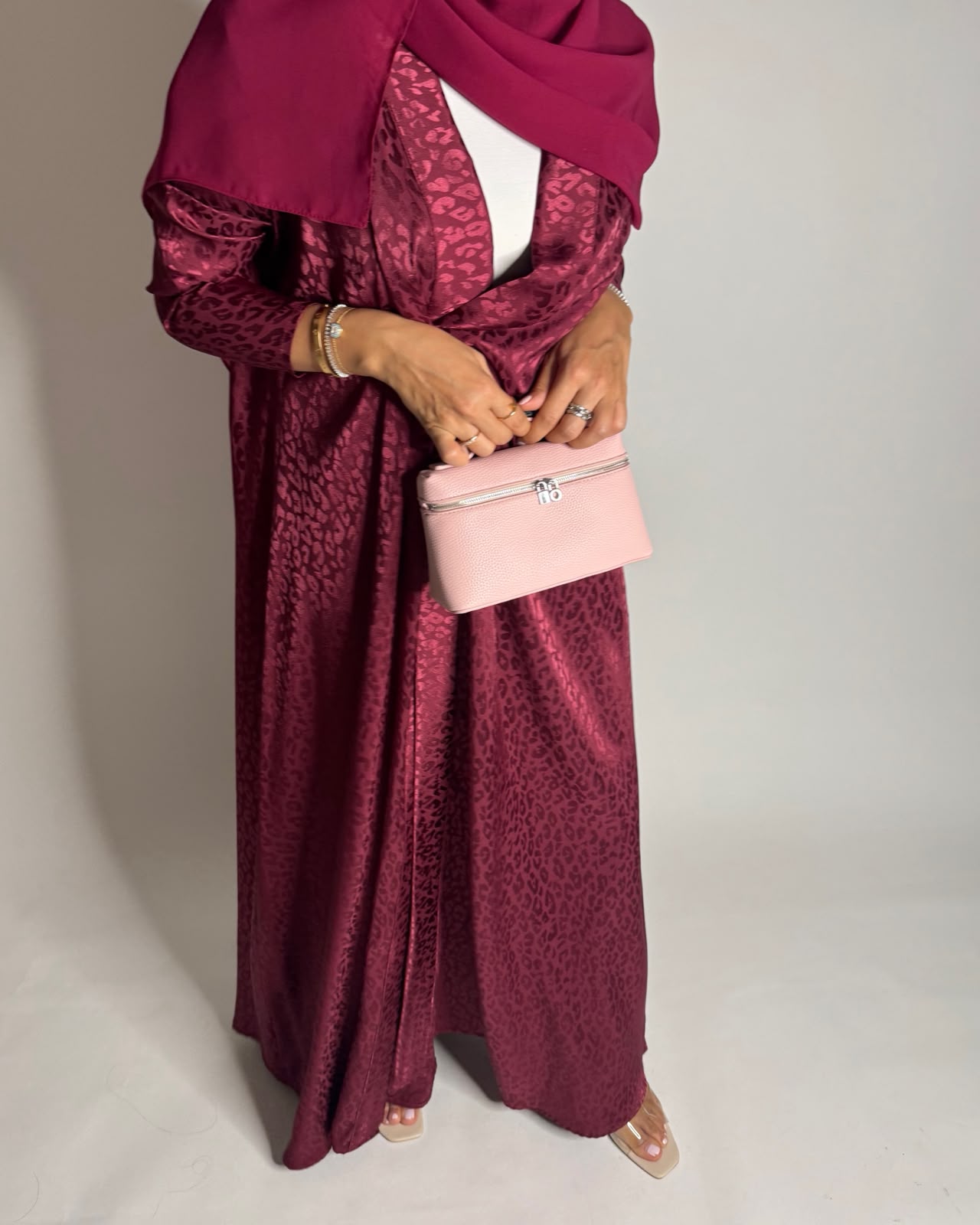 A611 - Pink-ish Maroon Leopard Pattern Summery A-CUT Wrap Abaya & Head Scarf